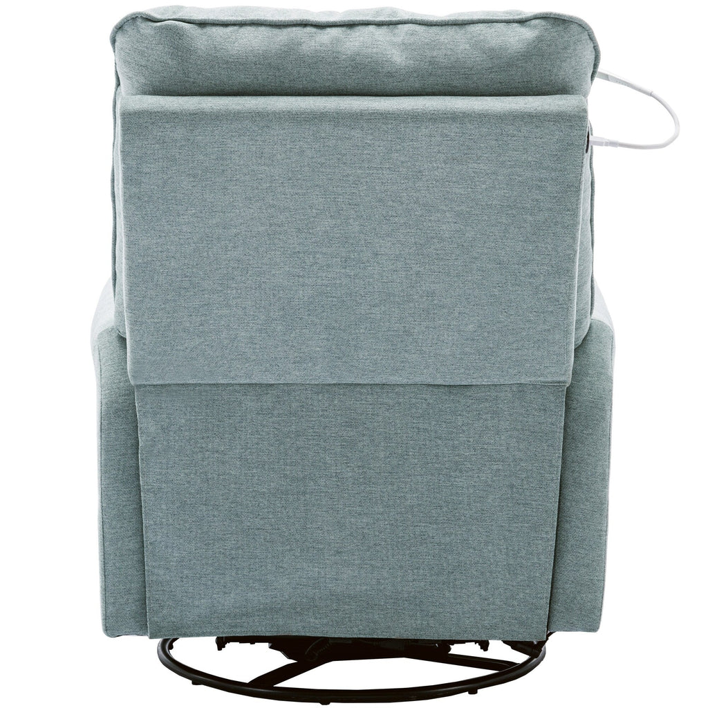 Fauteuil inclinable pivotant à 270° avec ports USB, lampe tactile, rangement latéral et base oscillante.