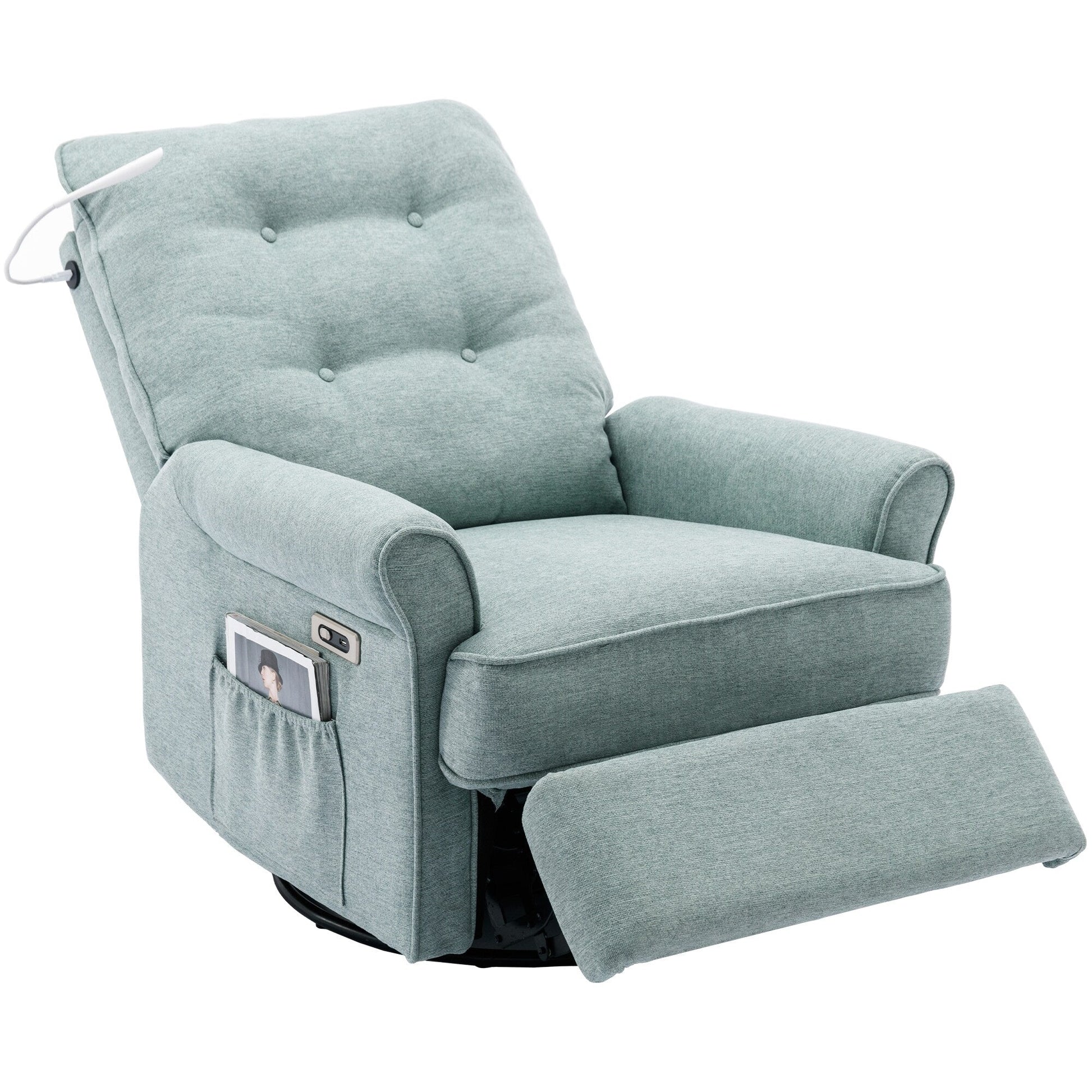 Fauteuil inclinable pivotant à 270° avec ports USB, lampe tactile, rangement latéral et base oscillante.