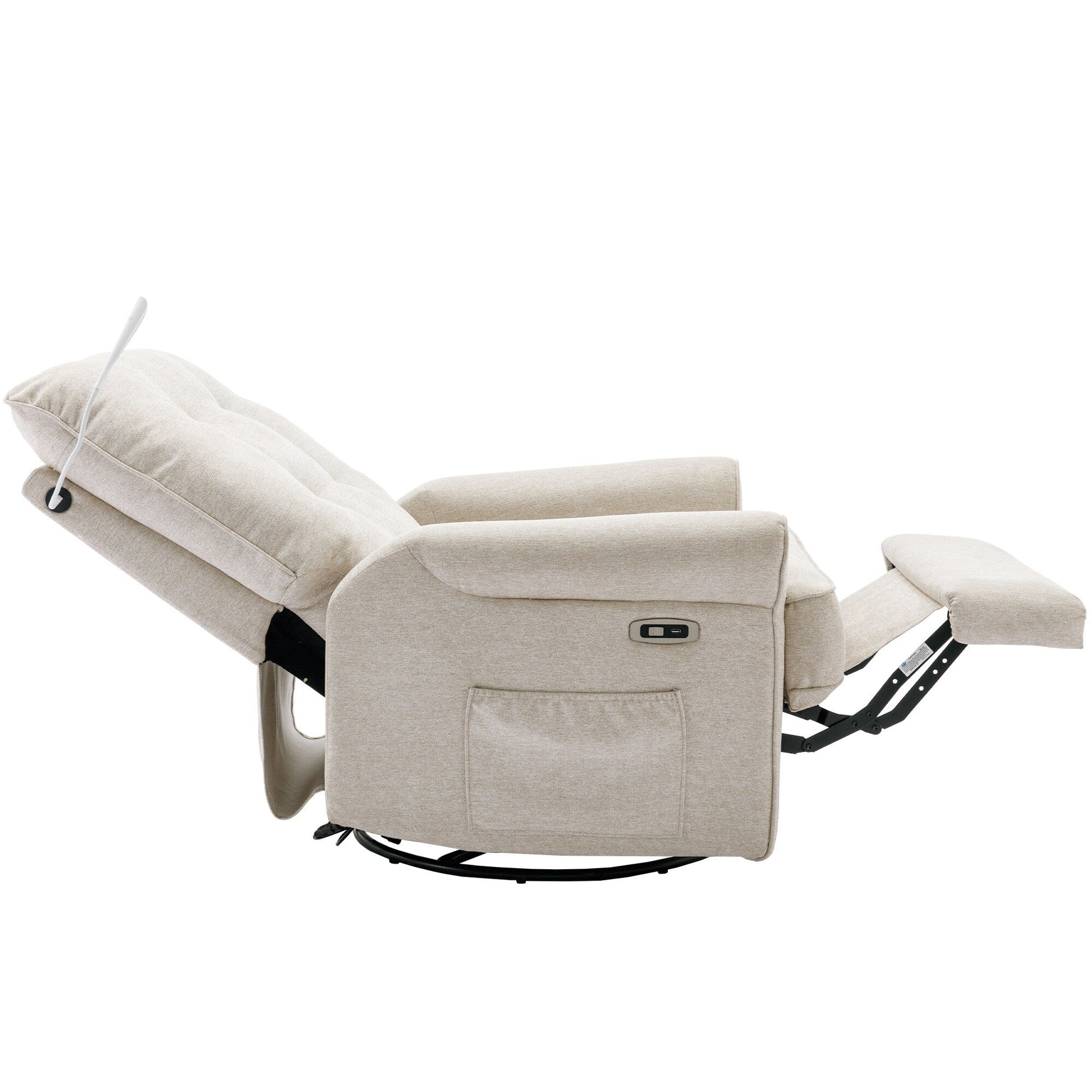 Fauteuil inclinable pivotant à 270° avec ports USB, lampe tactile, rangement latéral et base oscillante.