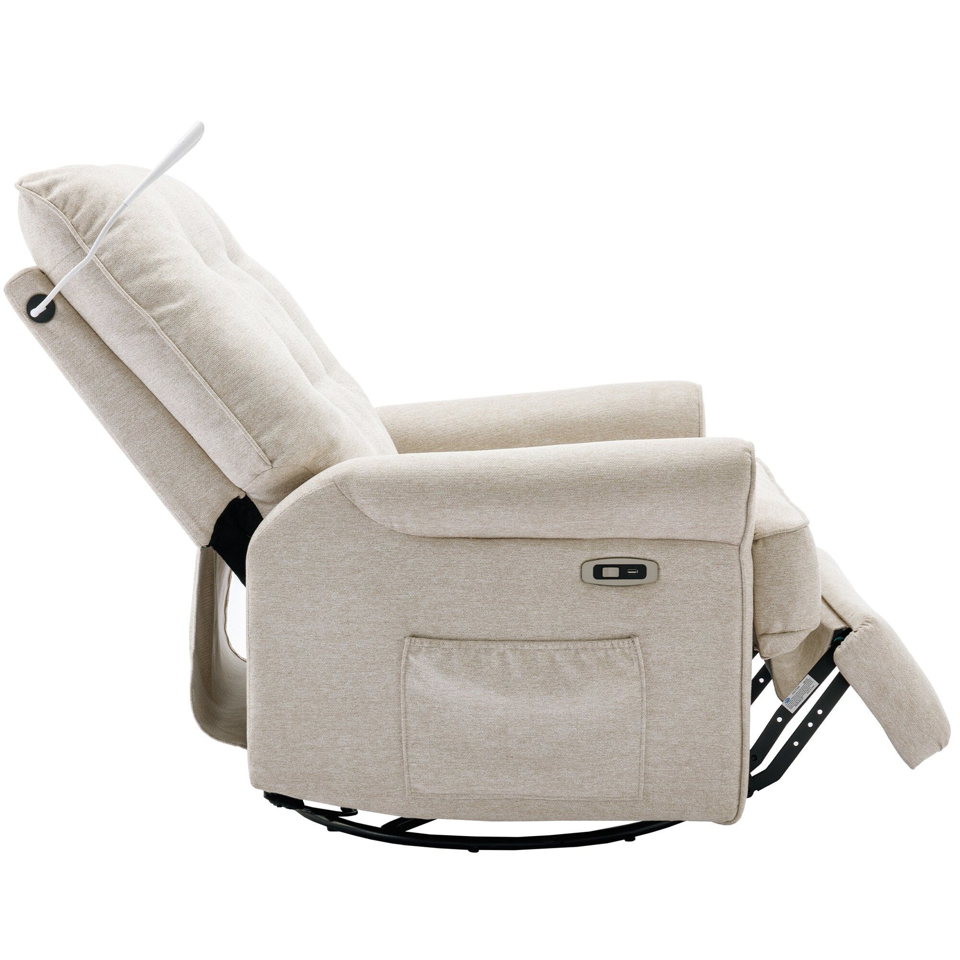 Fauteuil inclinable pivotant à 270° avec ports USB, lampe tactile, rangement latéral et base oscillante.