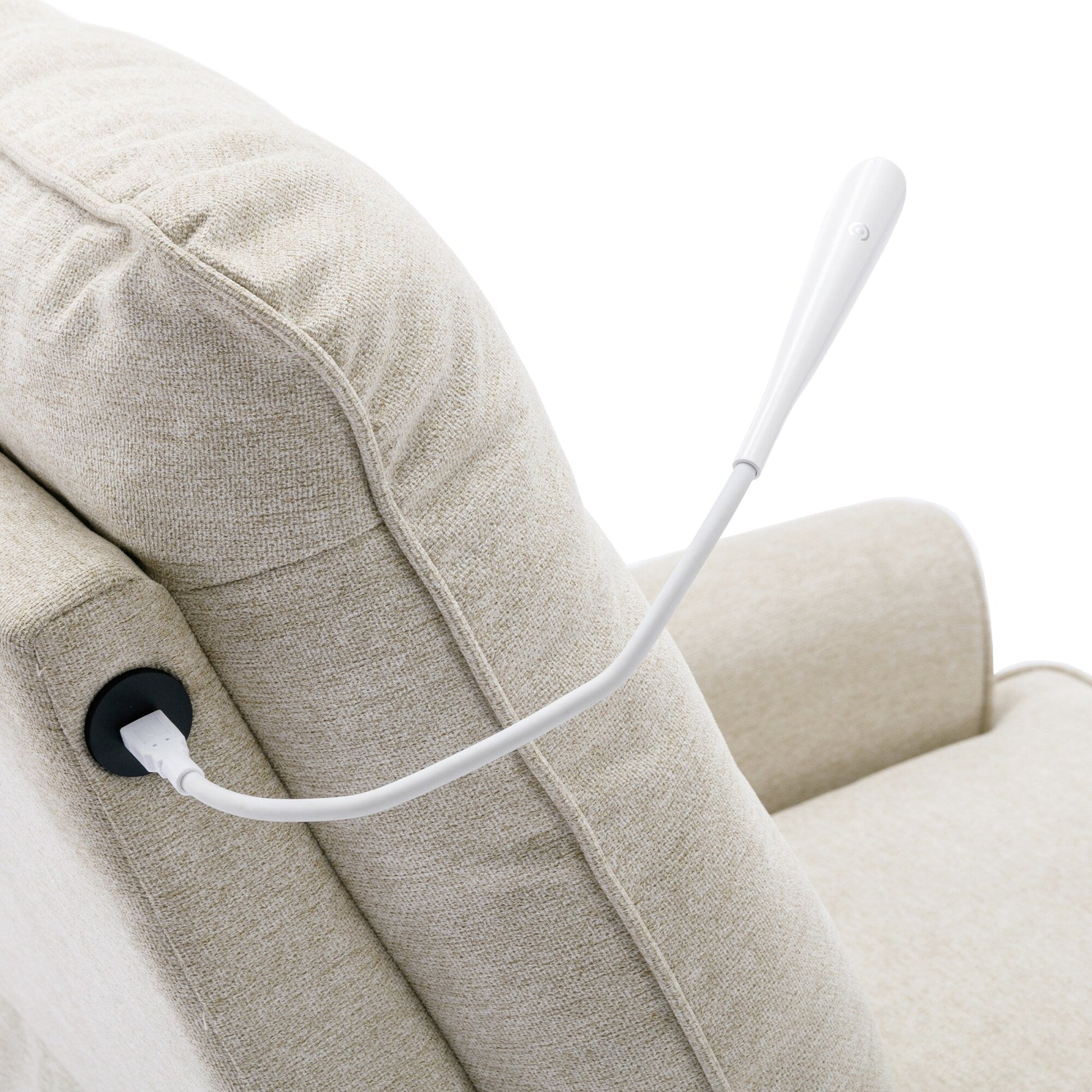 Fauteuil inclinable pivotant à 270° avec ports USB, lampe tactile, rangement latéral et base oscillante.
