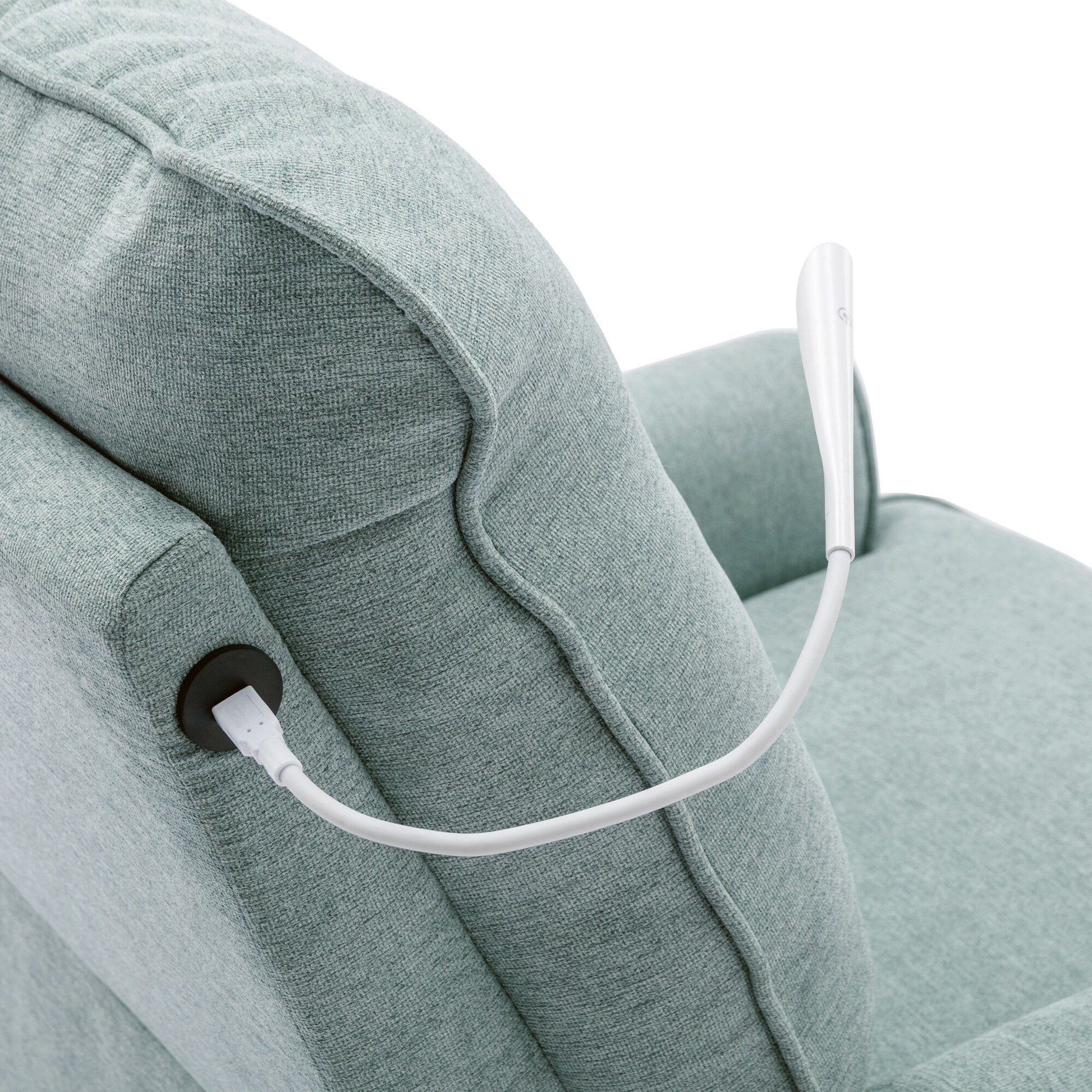 Fauteuil inclinable pivotant à 270° avec ports USB, lampe tactile, rangement latéral et base oscillante.