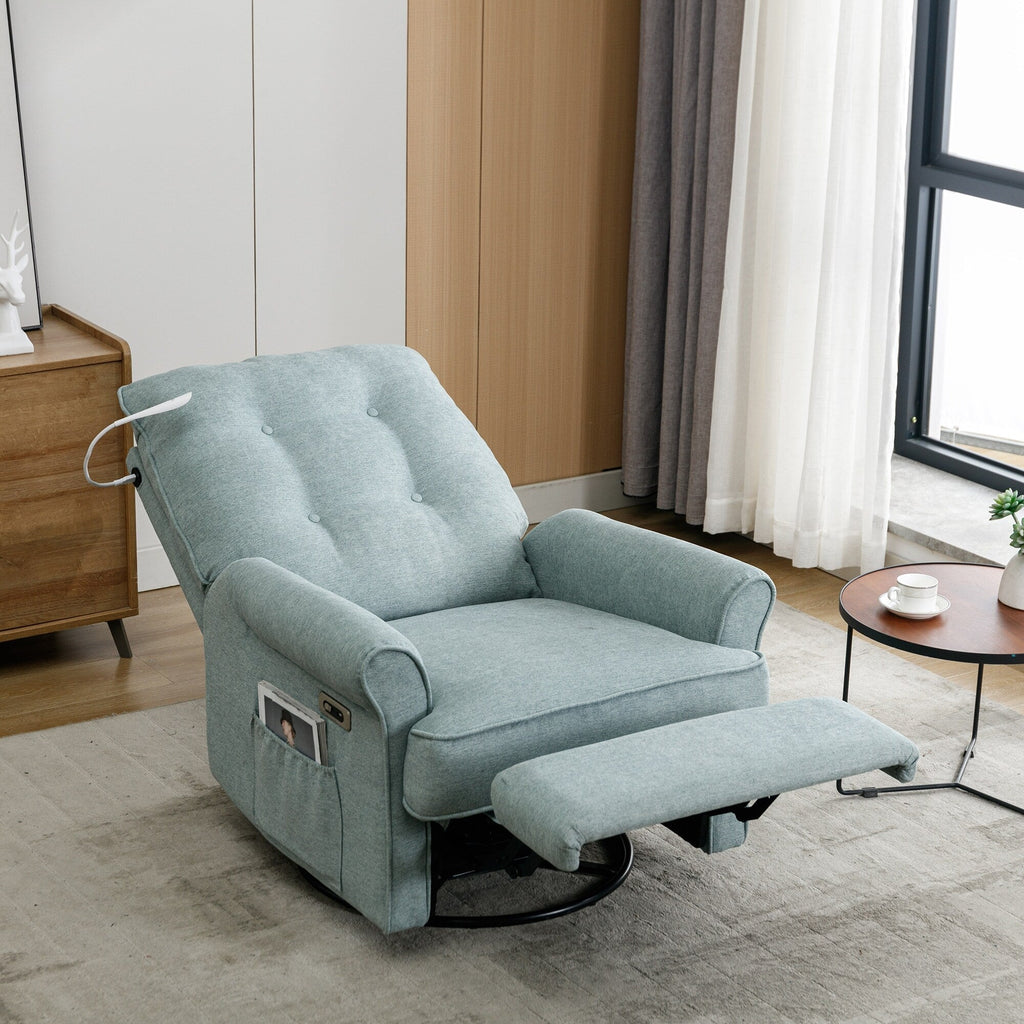 Fauteuil inclinable pivotant à 270° avec ports USB, lampe tactile, rangement latéral et base oscillante.