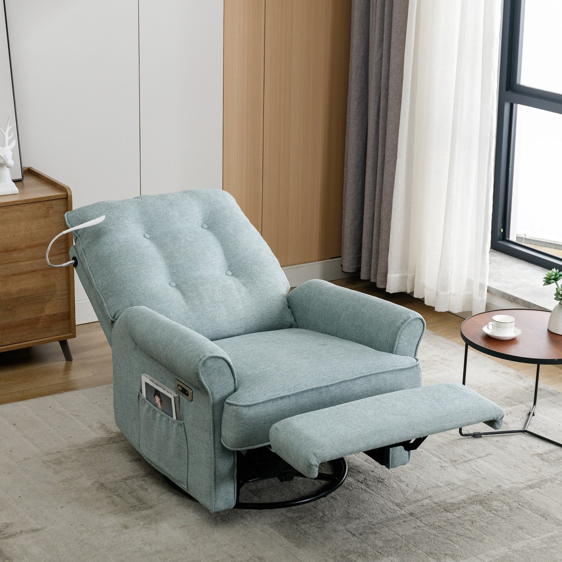 Fauteuil inclinable pivotant à 270° avec ports USB, lampe tactile, rangement latéral et base oscillante.