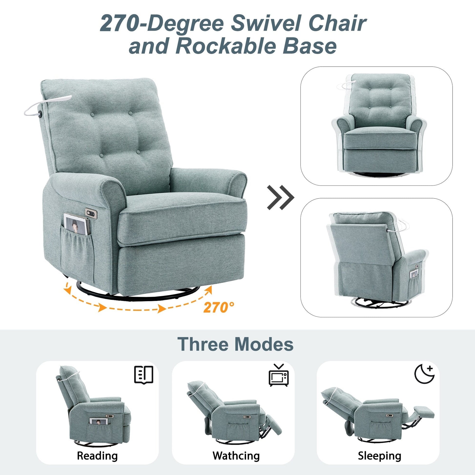 Fauteuil inclinable pivotant à 270° avec ports USB, lampe tactile, rangement latéral et base oscillante.