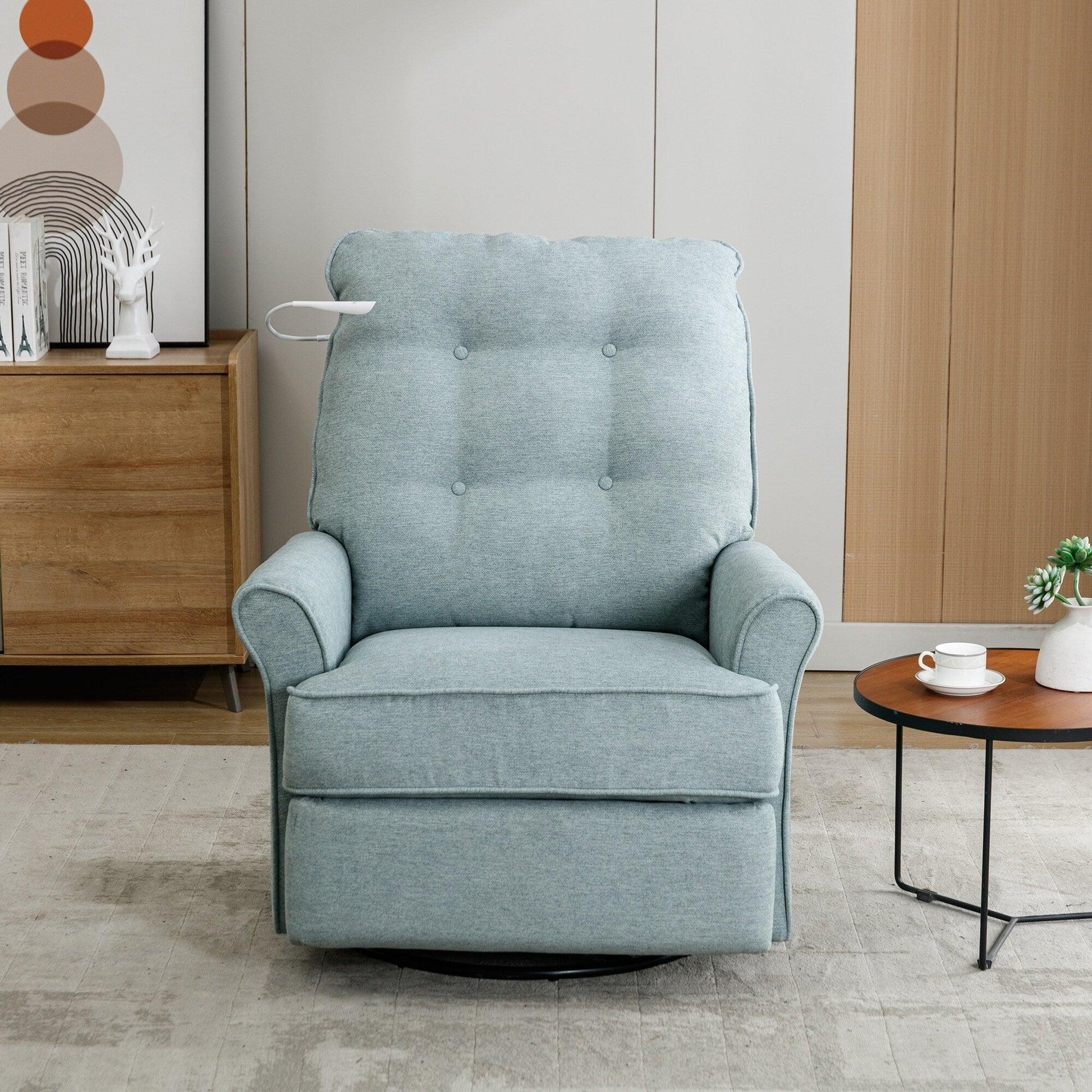 Fauteuil inclinable pivotant à 270° avec ports USB, lampe tactile, rangement latéral et base oscillante.