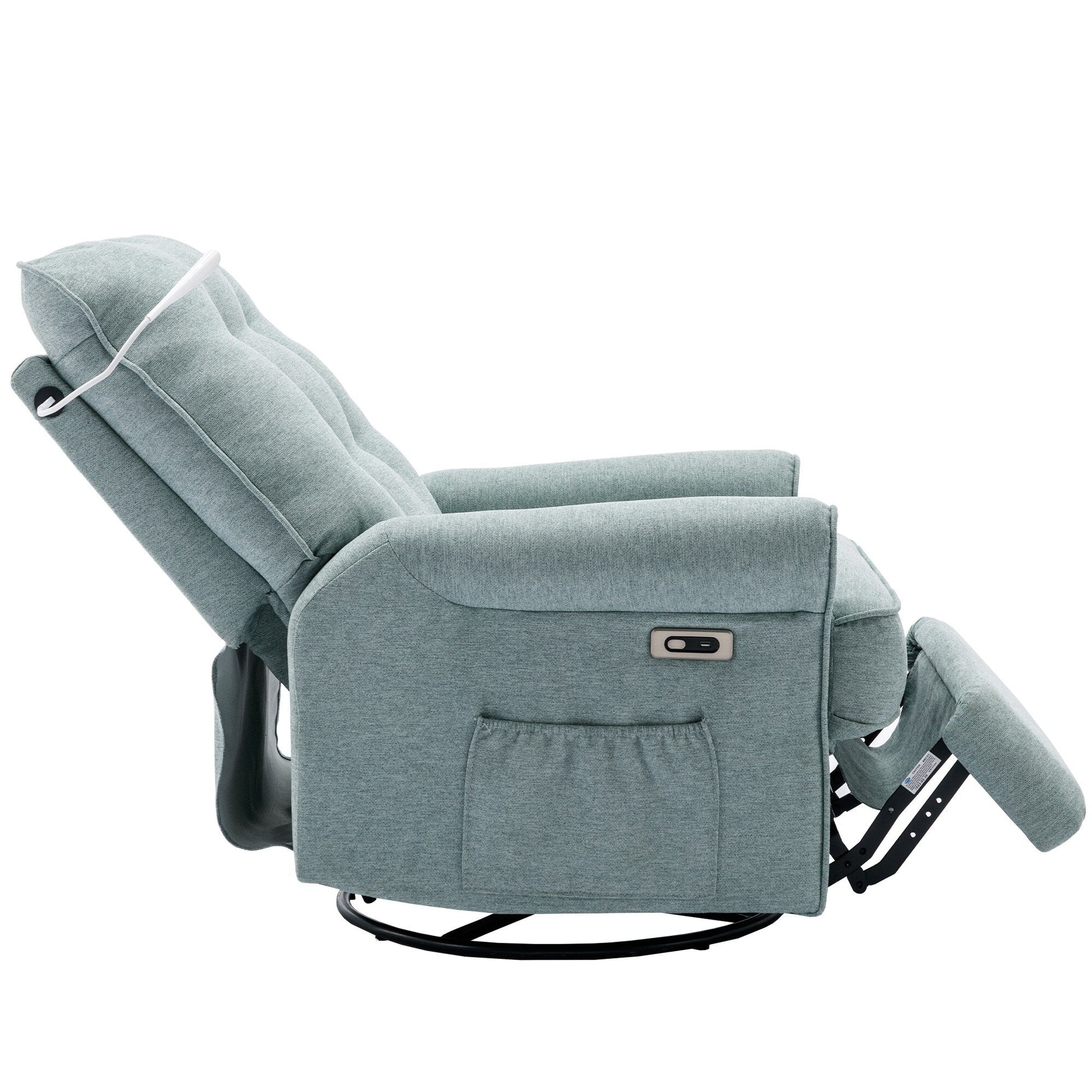 Fauteuil inclinable pivotant à 270° avec ports USB, lampe tactile, rangement latéral et base oscillante.