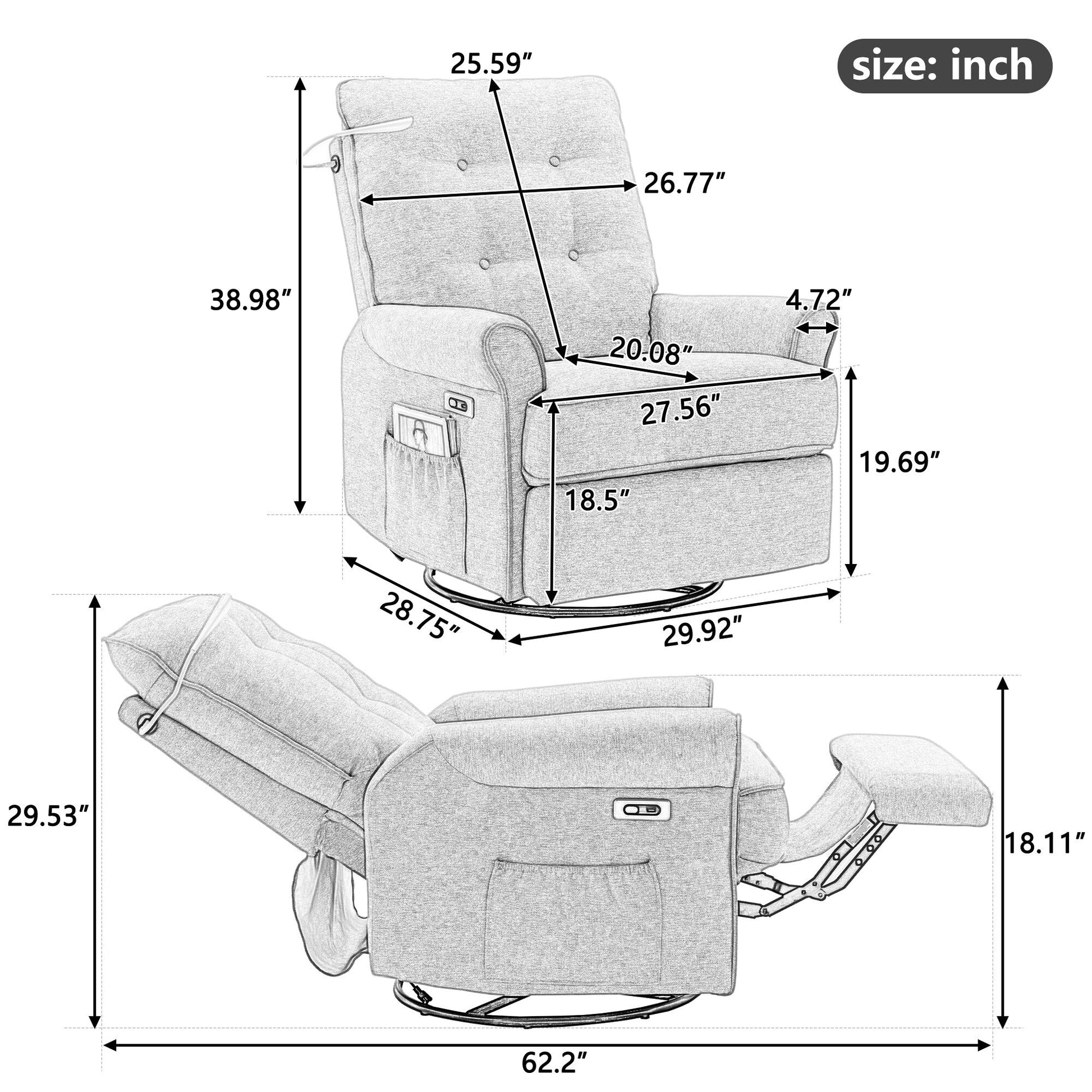 Fauteuil inclinable pivotant à 270° avec ports USB, lampe tactile, rangement latéral et base oscillante.