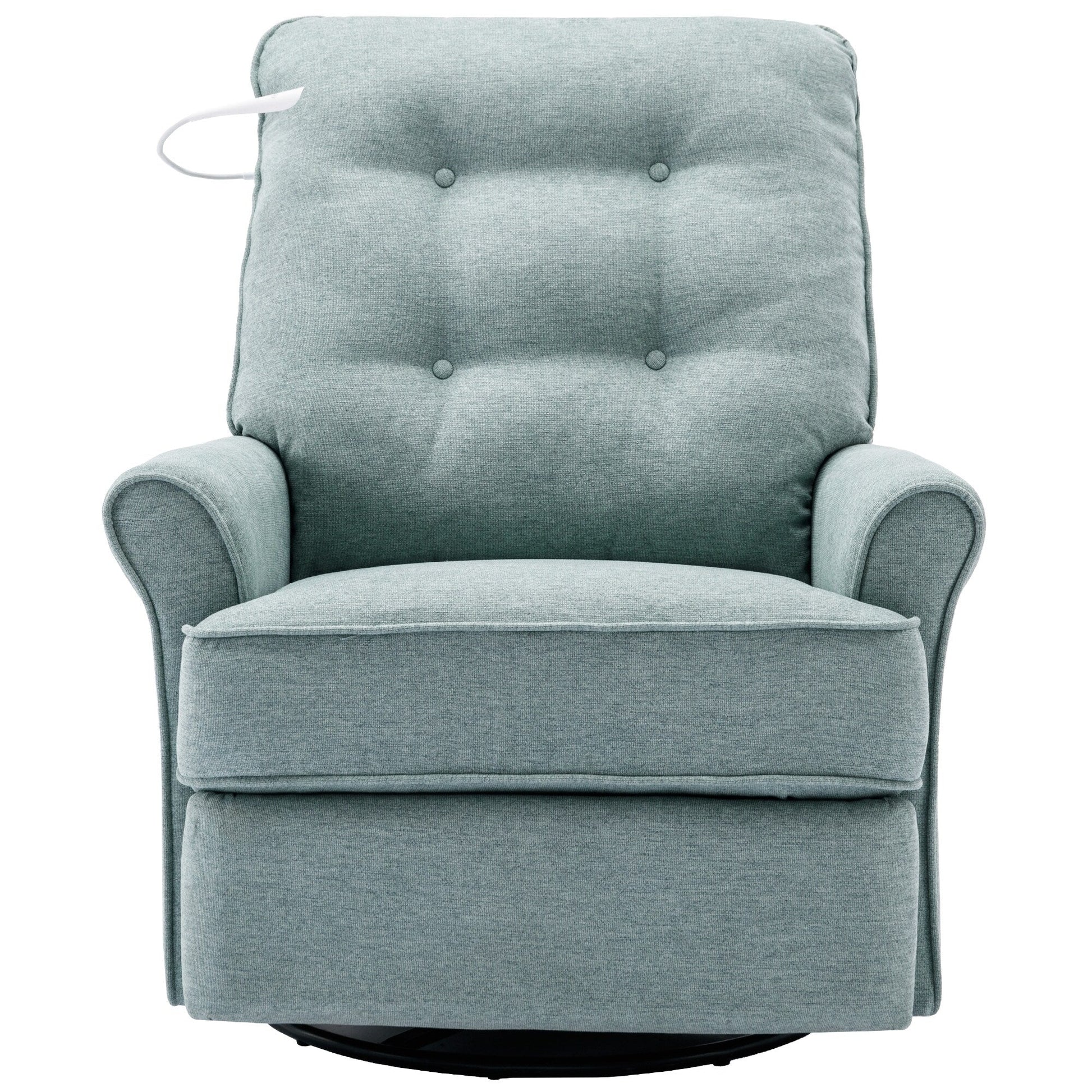 Fauteuil inclinable pivotant à 270° avec ports USB, lampe tactile, rangement latéral et base oscillante.