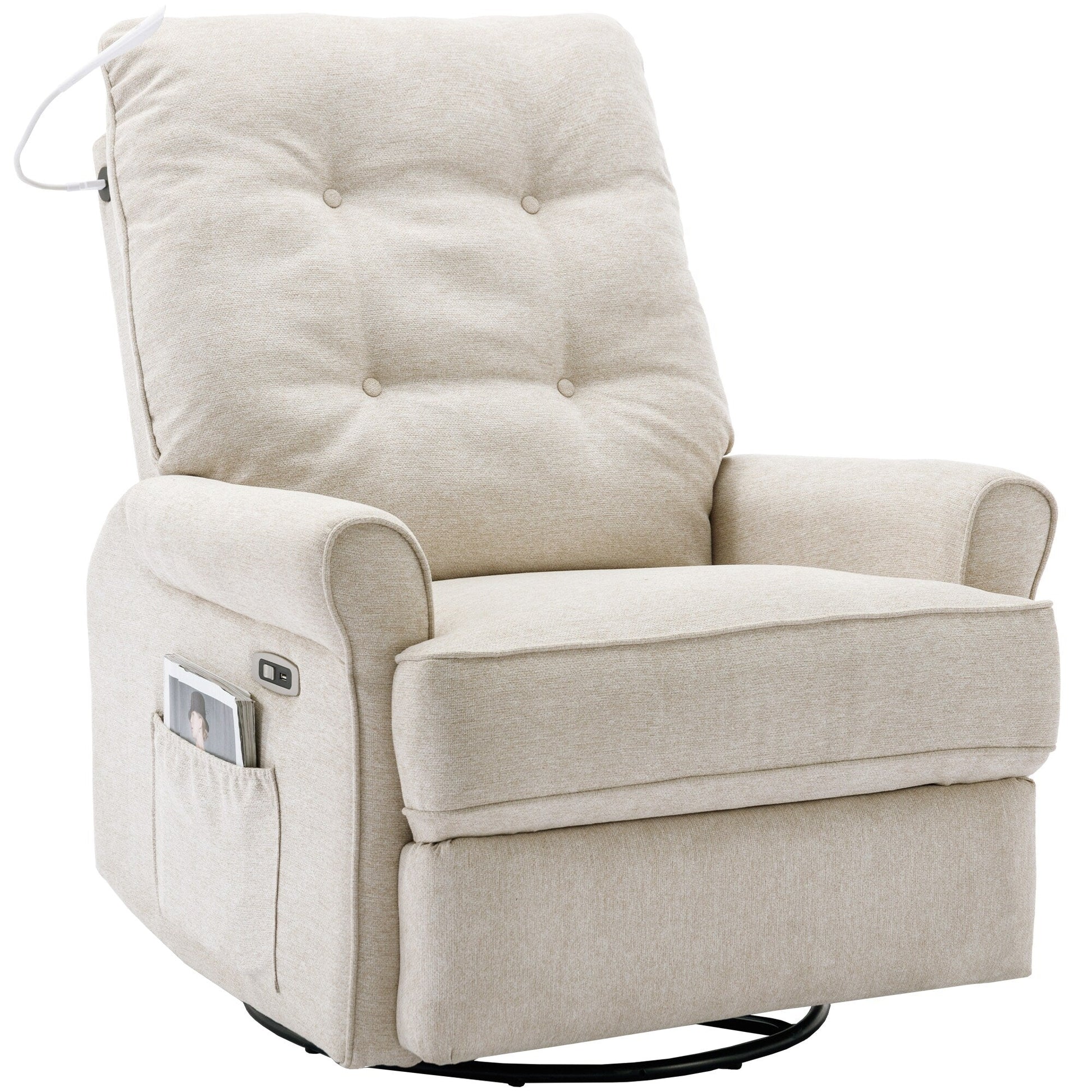 Fauteuil inclinable pivotant à 270° avec ports USB, lampe tactile, rangement latéral et base oscillante.