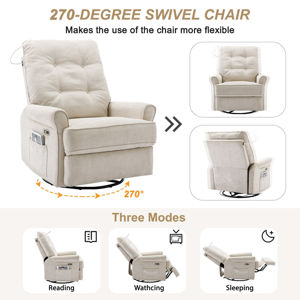 Fauteuil inclinable pivotant à 270° avec ports USB, lampe tactile, rangement latéral et base oscillante.