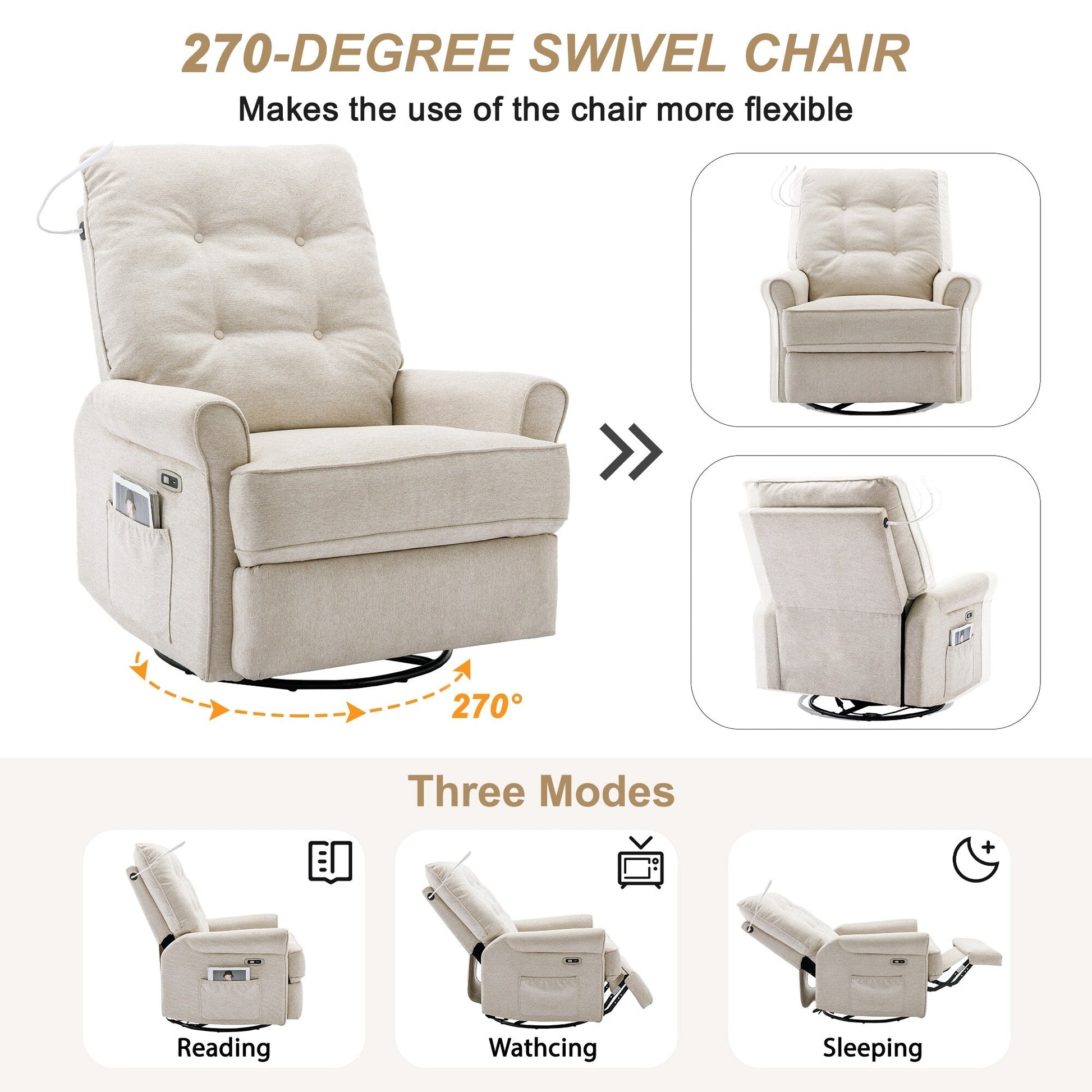 Fauteuil inclinable pivotant à 270° avec ports USB, lampe tactile, rangement latéral et base oscillante.