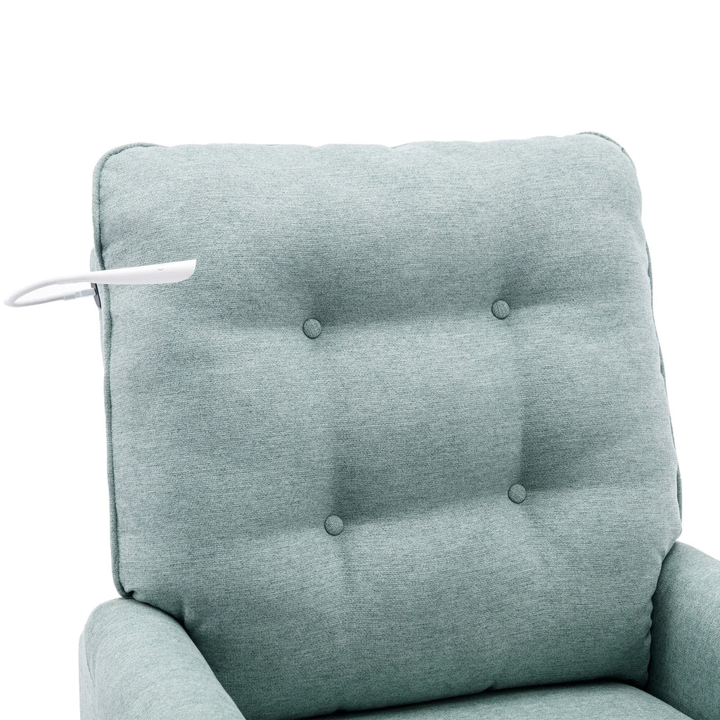 Fauteuil inclinable pivotant à 270° avec ports USB, lampe tactile, rangement latéral et base oscillante.