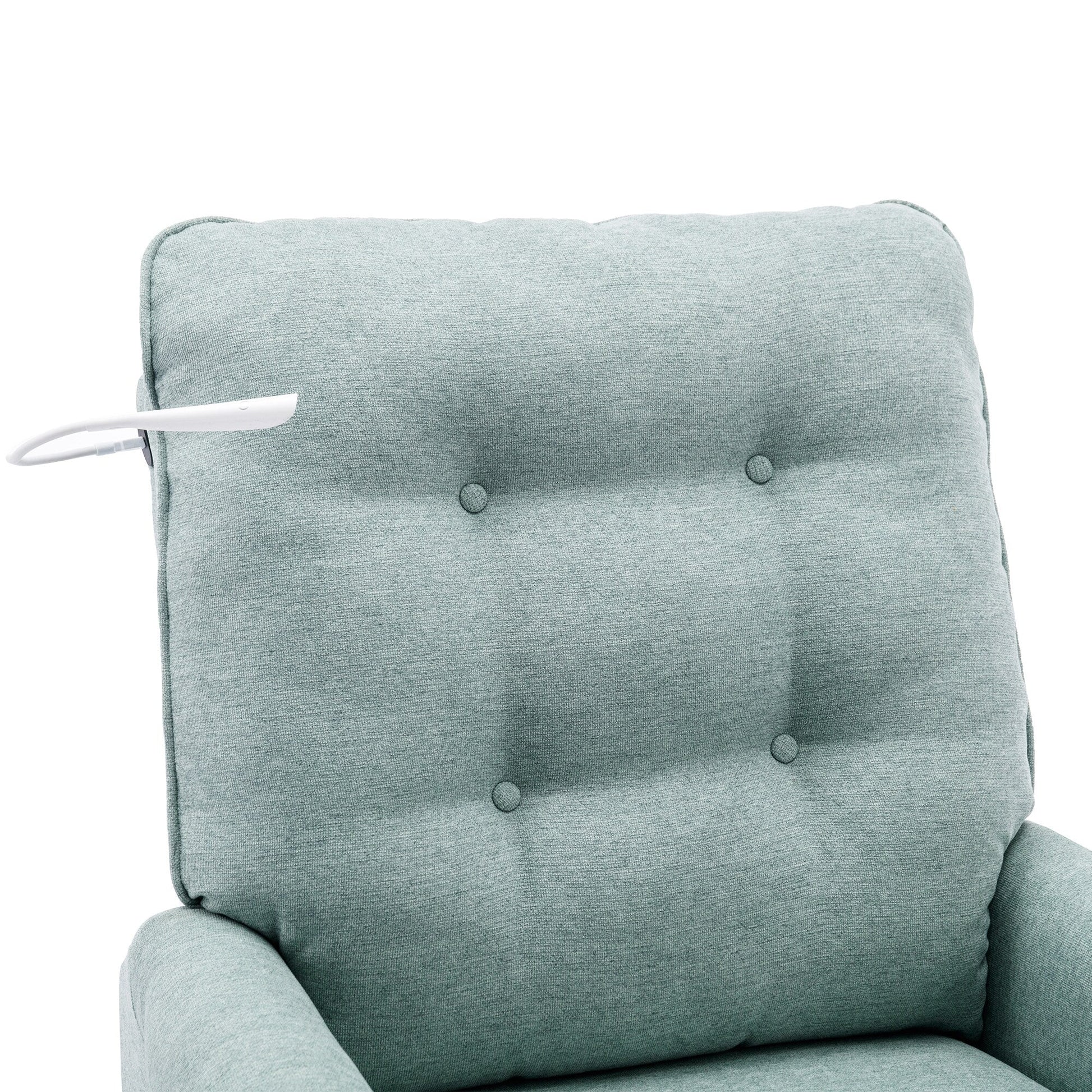 Fauteuil inclinable pivotant à 270° avec ports USB, lampe tactile, rangement latéral et base oscillante.