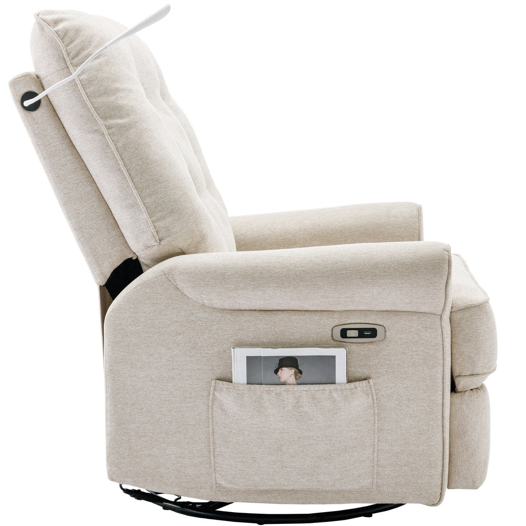 Fauteuil inclinable pivotant à 270° avec ports USB, lampe tactile, rangement latéral et base oscillante.
