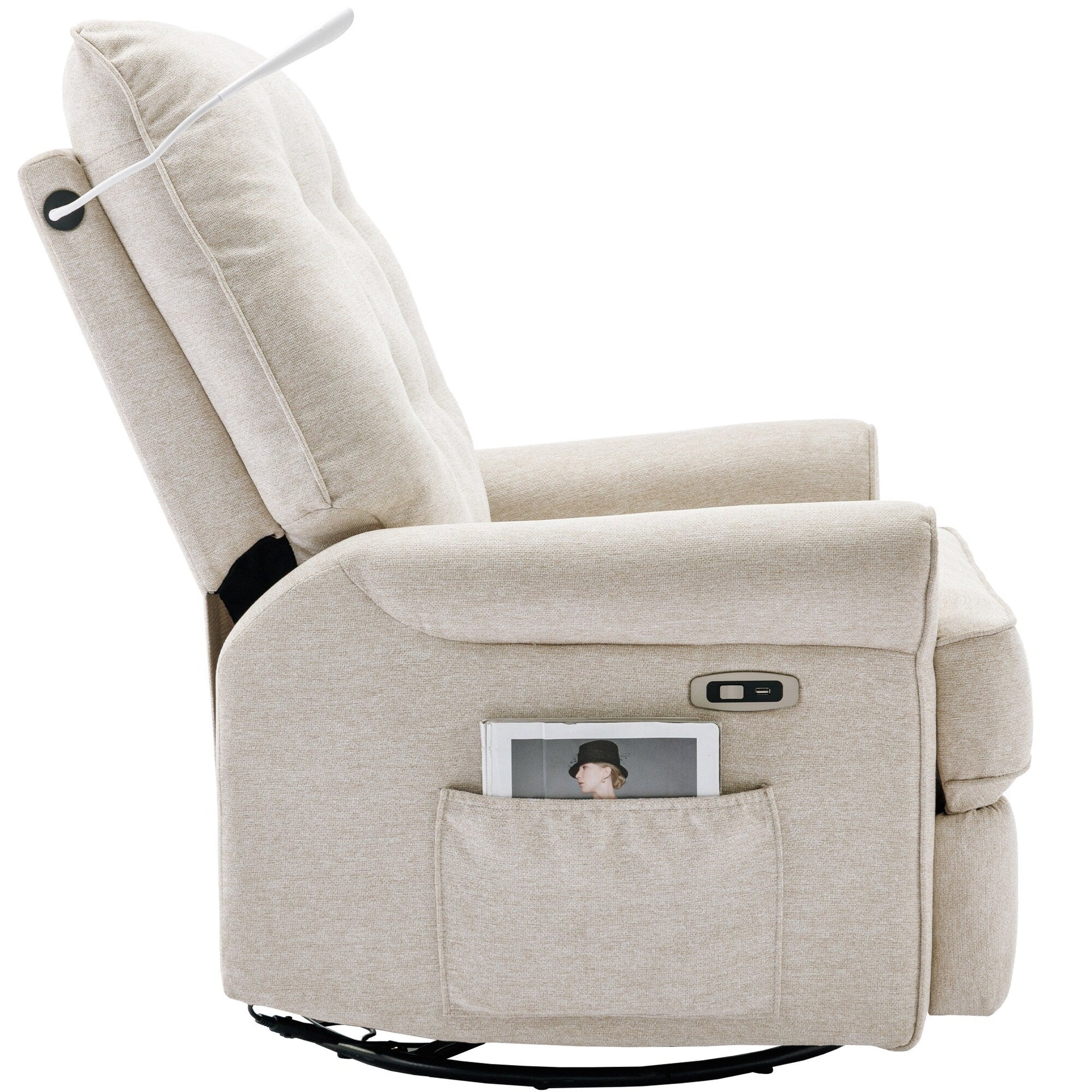 Fauteuil inclinable pivotant à 270° avec ports USB, lampe tactile, rangement latéral et base oscillante.