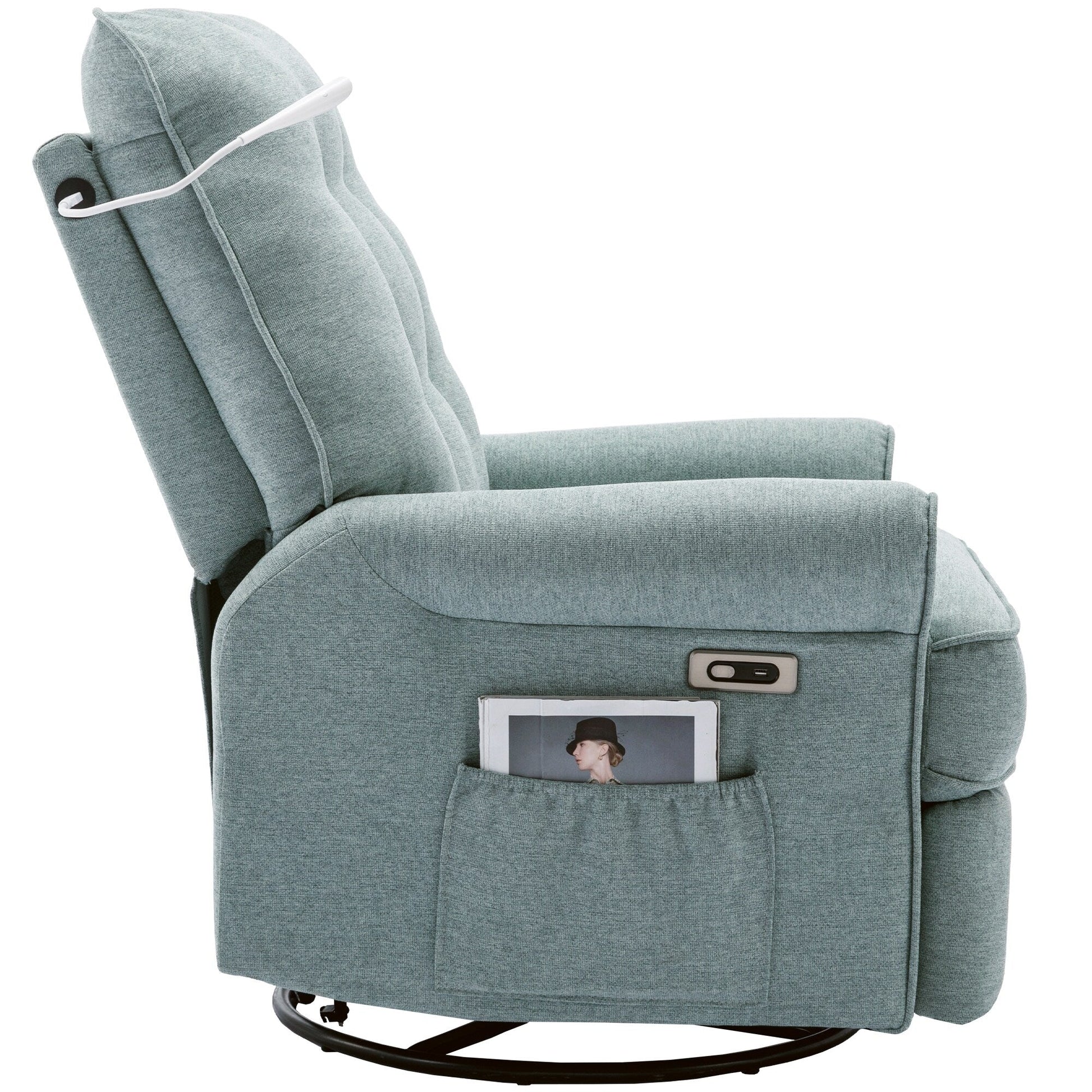 Fauteuil inclinable pivotant à 270° avec ports USB, lampe tactile, rangement latéral et base oscillante.
