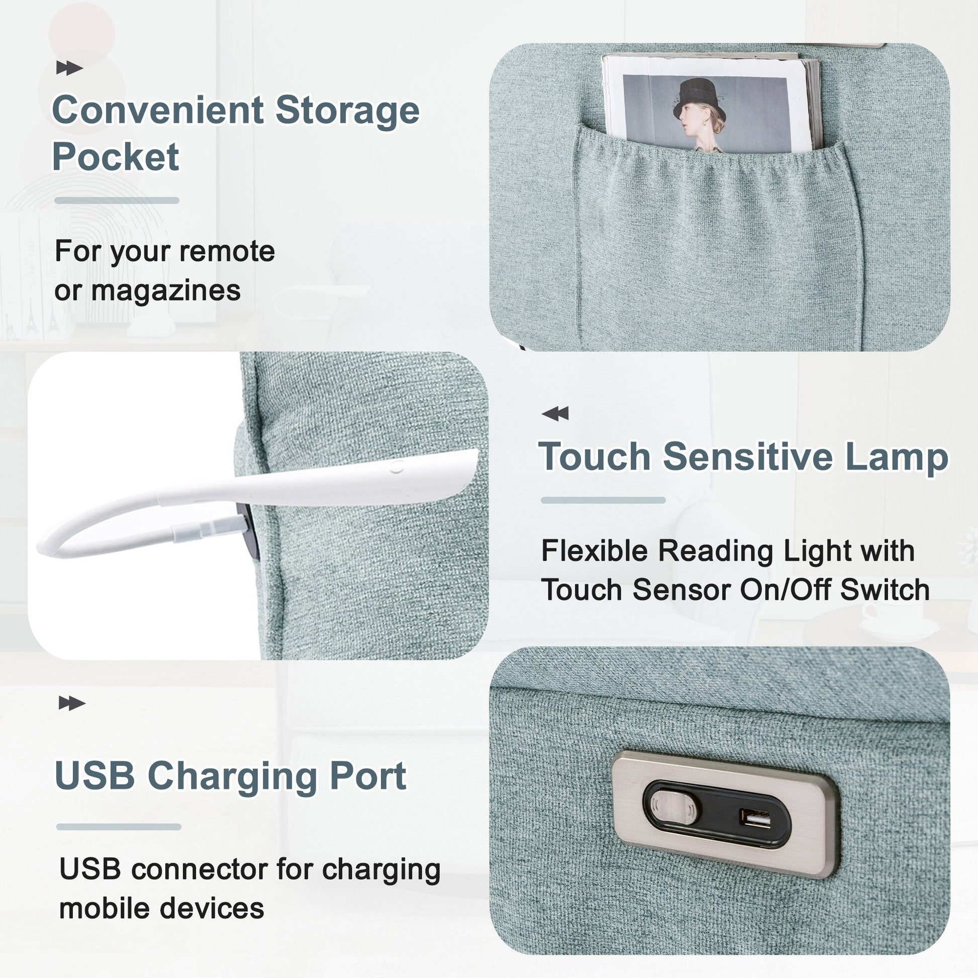 Fauteuil inclinable pivotant à 270° avec ports USB, lampe tactile, rangement latéral et base oscillante.
