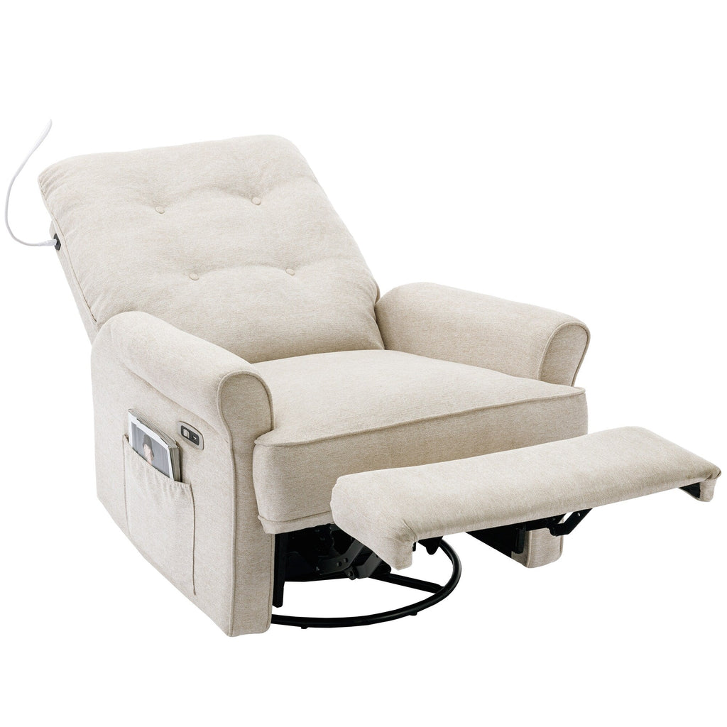Fauteuil inclinable pivotant à 270° avec ports USB, lampe tactile, rangement latéral et base oscillante.