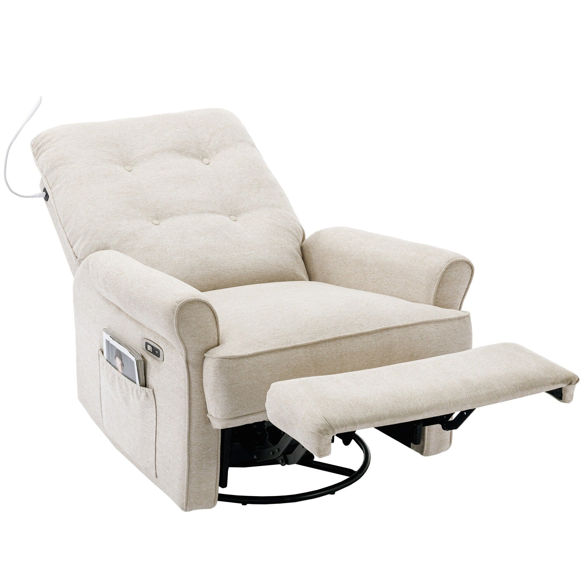 Fauteuil inclinable pivotant à 270° avec ports USB, lampe tactile, rangement latéral et base oscillante.