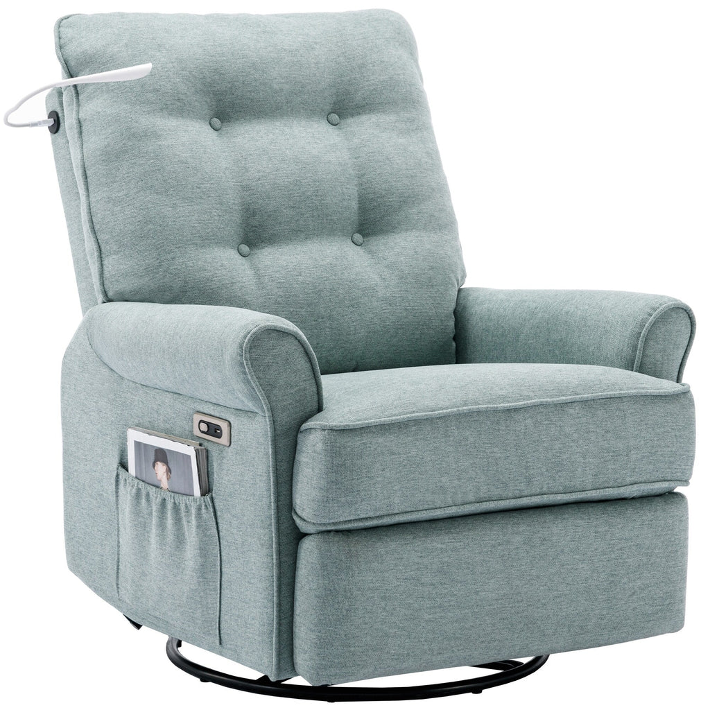 Fauteuil inclinable pivotant à 270° avec ports USB, lampe tactile, rangement latéral et base oscillante.