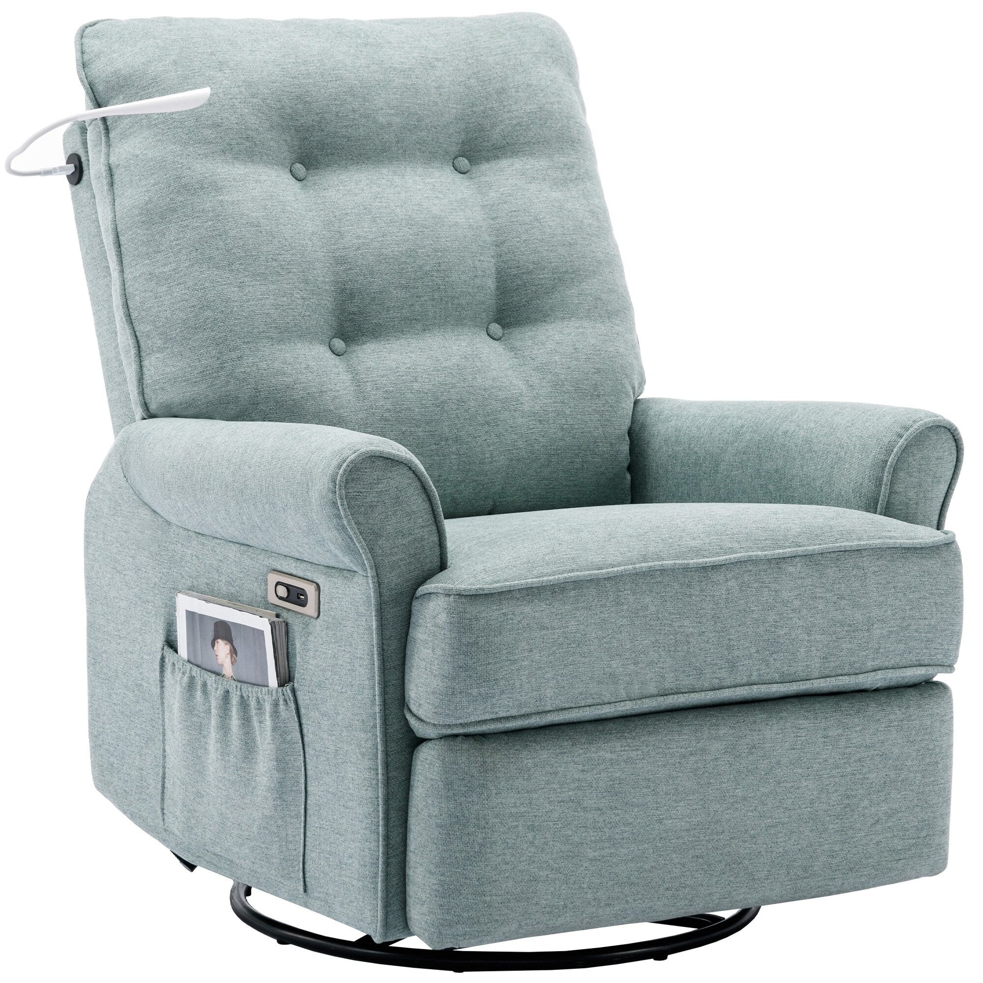 Fauteuil inclinable pivotant à 270° avec ports USB, lampe tactile, rangement latéral et base oscillante.