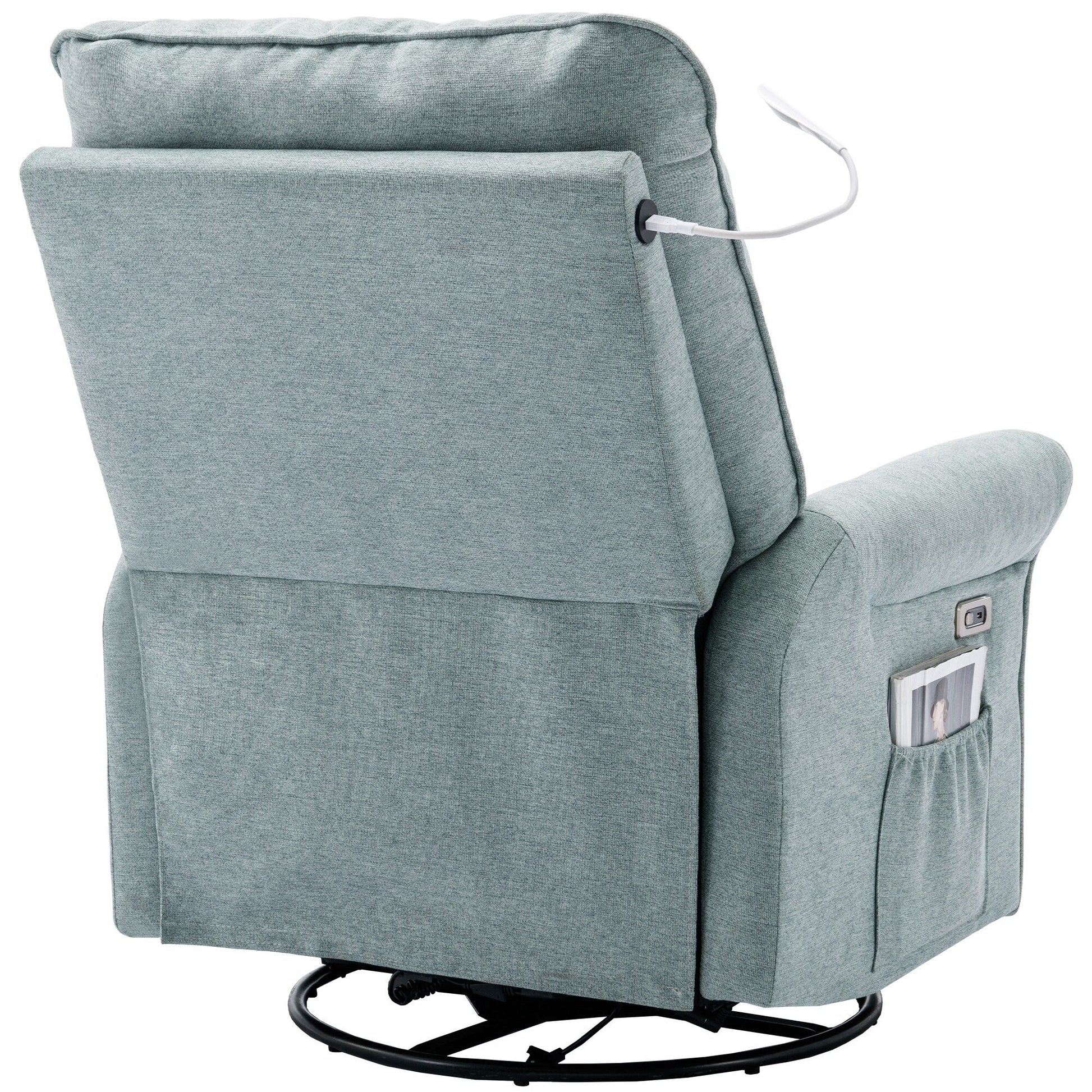 Fauteuil inclinable pivotant à 270° avec ports USB, lampe tactile, rangement latéral et base oscillante.