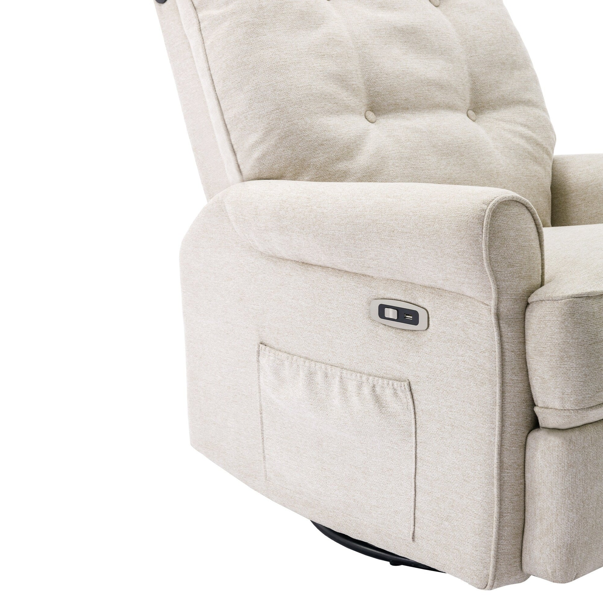 Fauteuil inclinable pivotant à 270° avec ports USB, lampe tactile, rangement latéral et base oscillante.