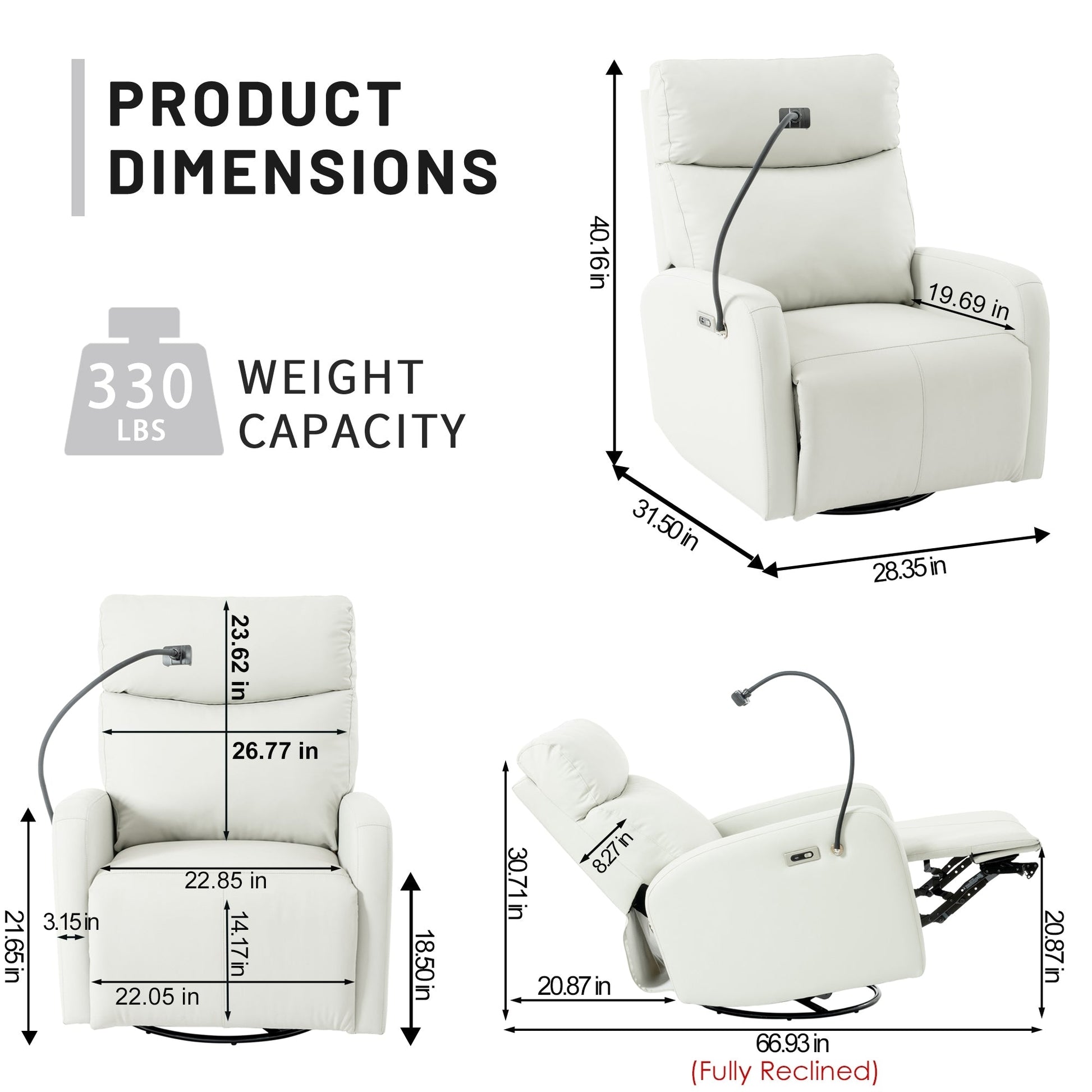 Fauteuil inclinable pivotant à 270° avec ports USB, dossier électrique et confort moelleux pour une relaxation ultime.