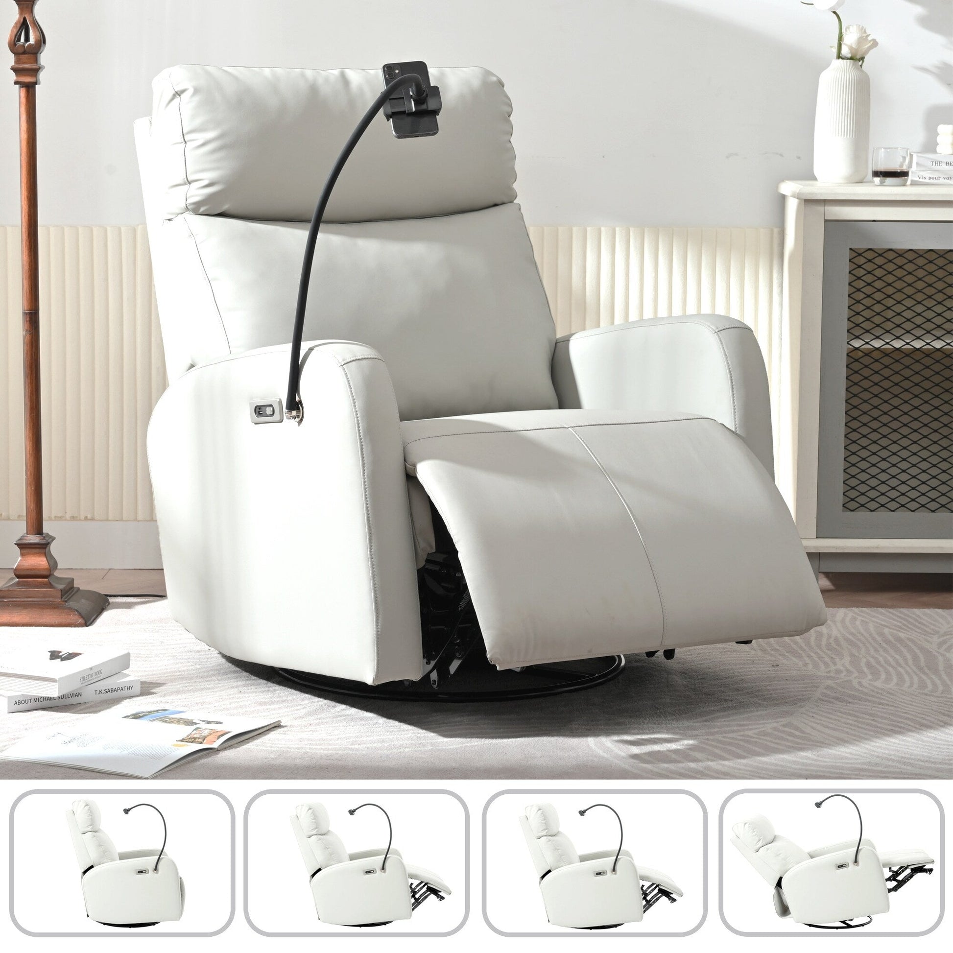 Fauteuil inclinable pivotant à 270° avec ports USB, dossier électrique et confort moelleux pour une relaxation ultime.