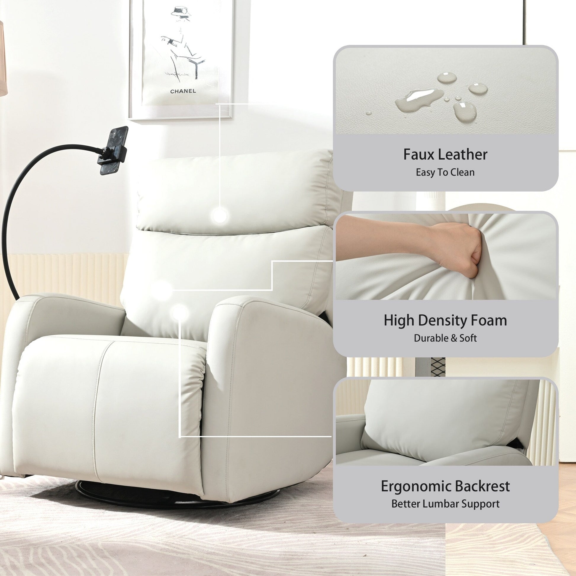 Fauteuil inclinable pivotant à 270° avec ports USB, dossier électrique et confort moelleux pour une relaxation ultime.