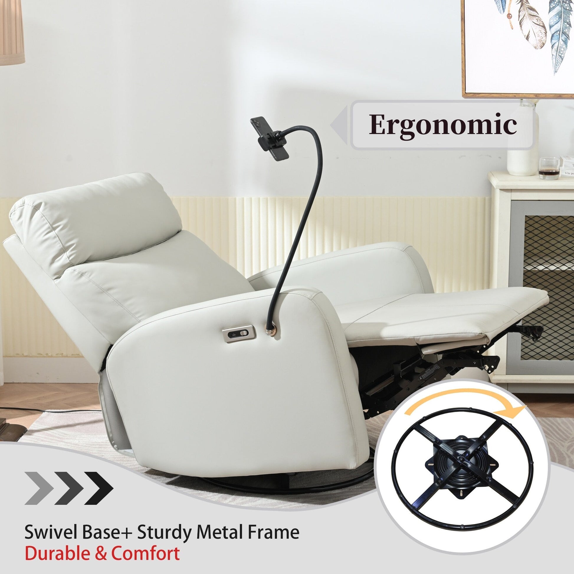 Fauteuil inclinable pivotant à 270° avec ports USB, dossier électrique et confort moelleux pour une relaxation ultime.