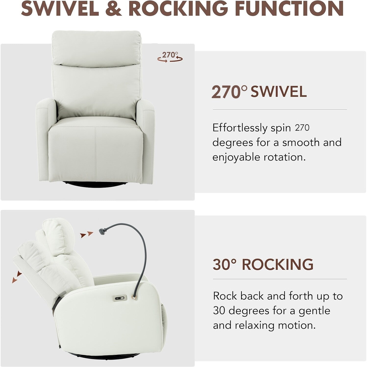 Fauteuil inclinable pivotant à 270° avec ports USB, dossier électrique et confort moelleux pour une relaxation ultime.