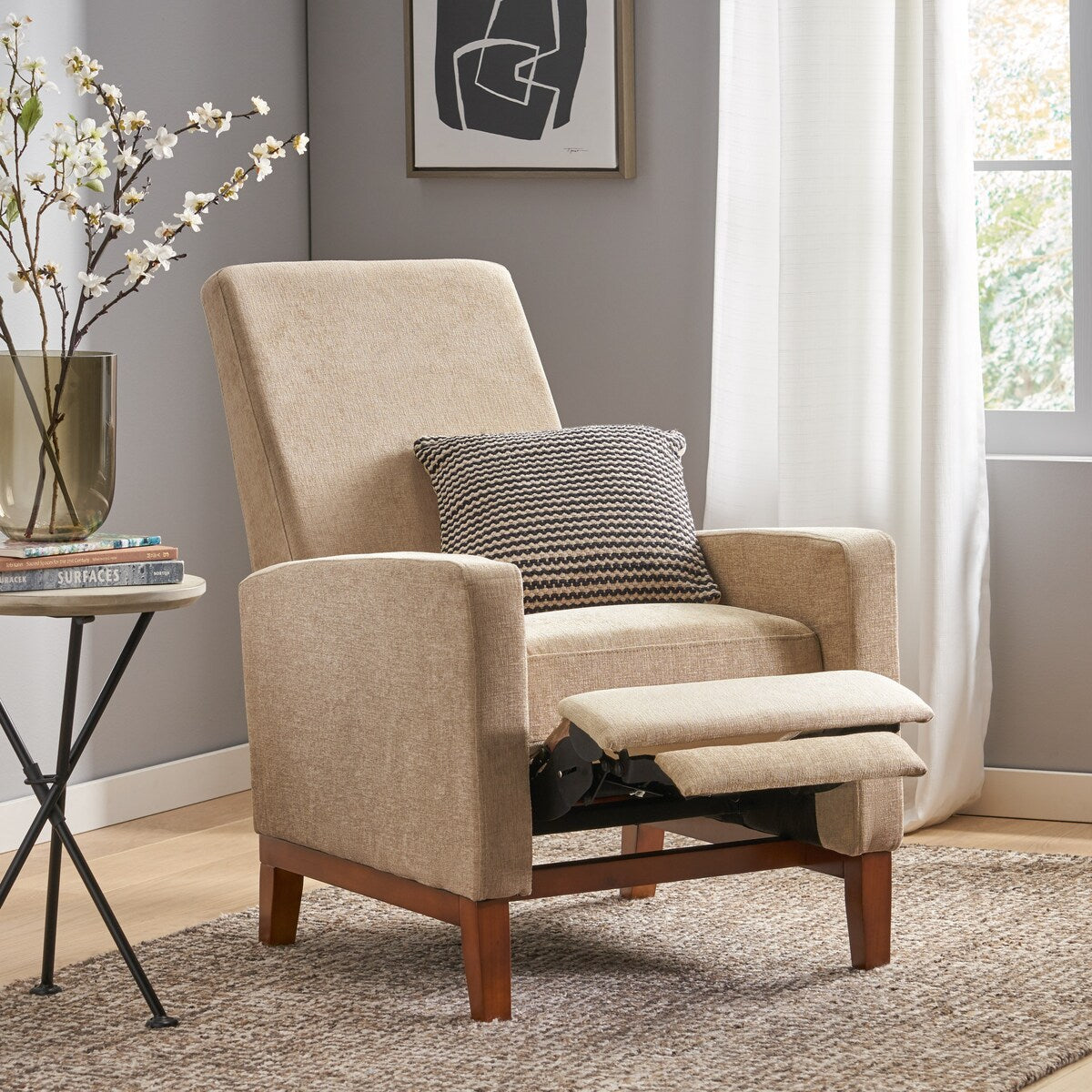 Fauteuil inclinable manuel en bois de 68,5 cm de large, style club, classique, surmatelas, pour salon.