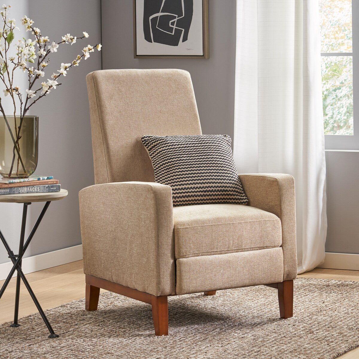 Fauteuil inclinable manuel en bois de 68,5 cm de large, style club, classique, surmatelas, pour salon.