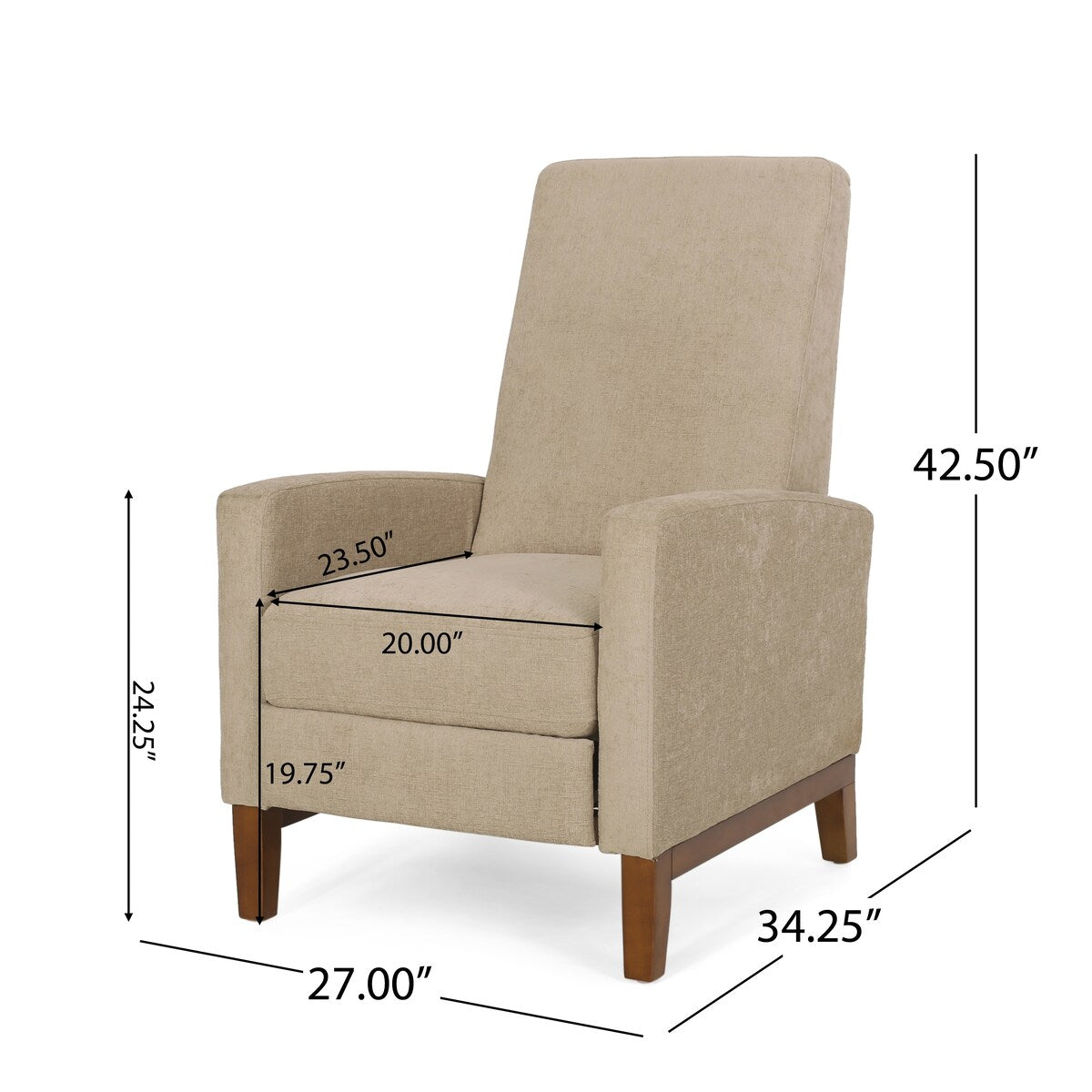 Fauteuil inclinable manuel en bois de 68,5 cm de large, style club, classique, surmatelas, pour salon.