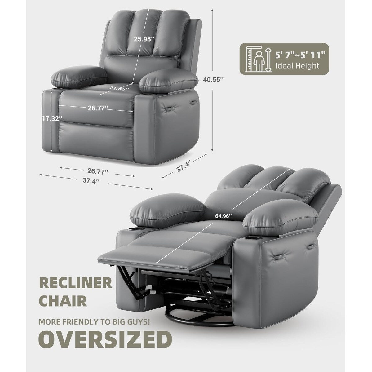 Fauteuils inclinables pivotants à 360° de 68,5 cm (27 pouces) surdimensionnés avec fonction de massage et de chauffe.
