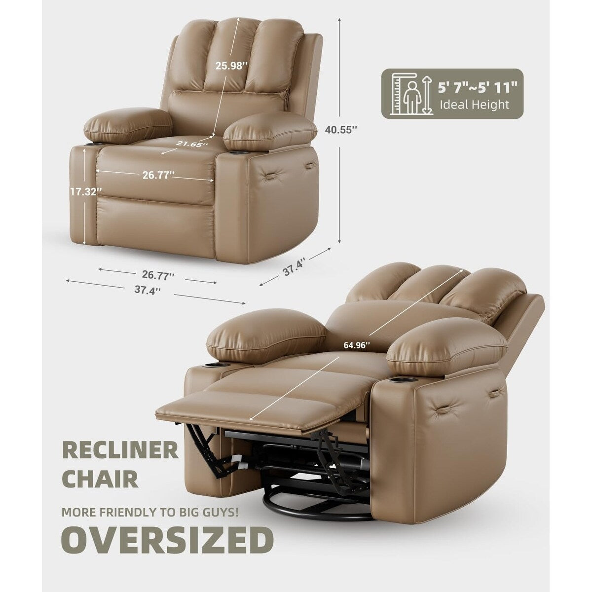 Fauteuils inclinables pivotants à 360° de 68,5 cm (27 pouces) surdimensionnés avec fonction de massage et de chauffe.