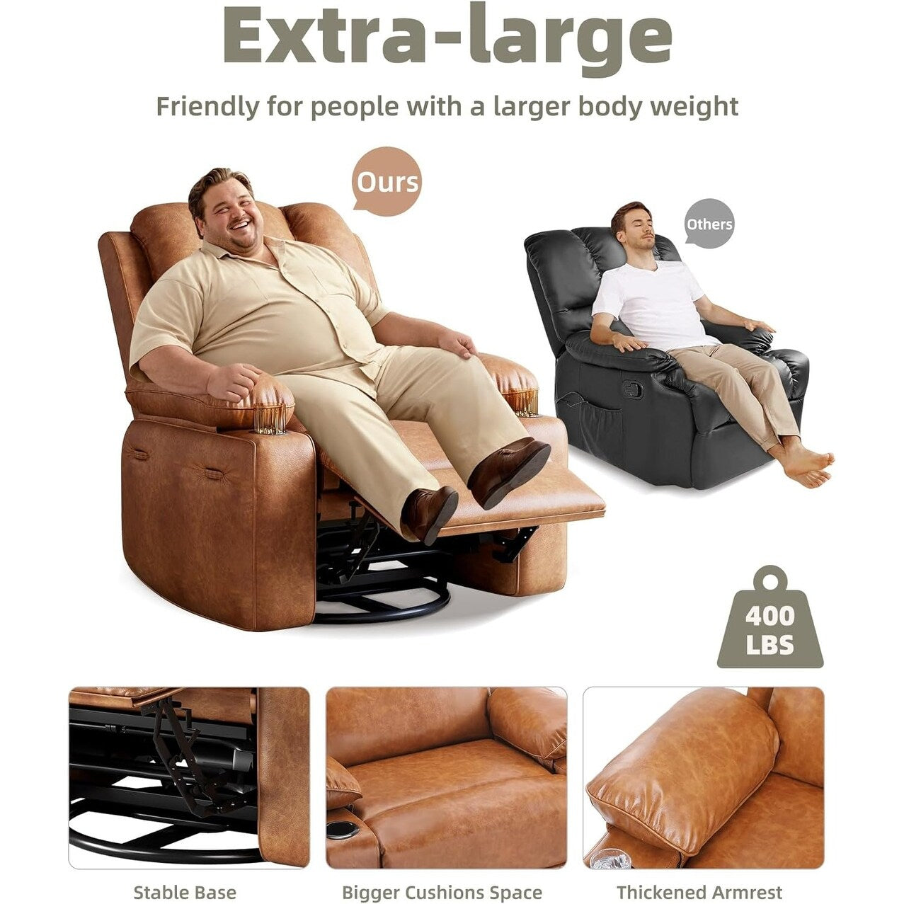 Fauteuils inclinables pivotants à 360° de 68,5 cm (27 pouces) surdimensionnés avec fonction de massage et de chauffe.