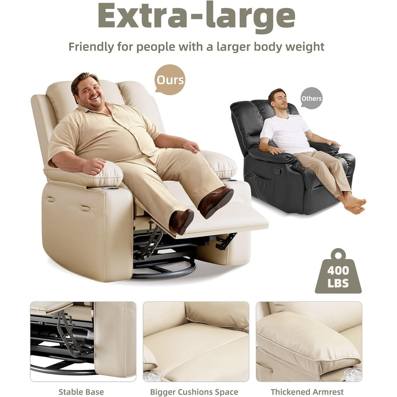 Fauteuils inclinables pivotants à 360° de 68,5 cm (27 pouces) surdimensionnés avec fonction de massage et de chauffe.