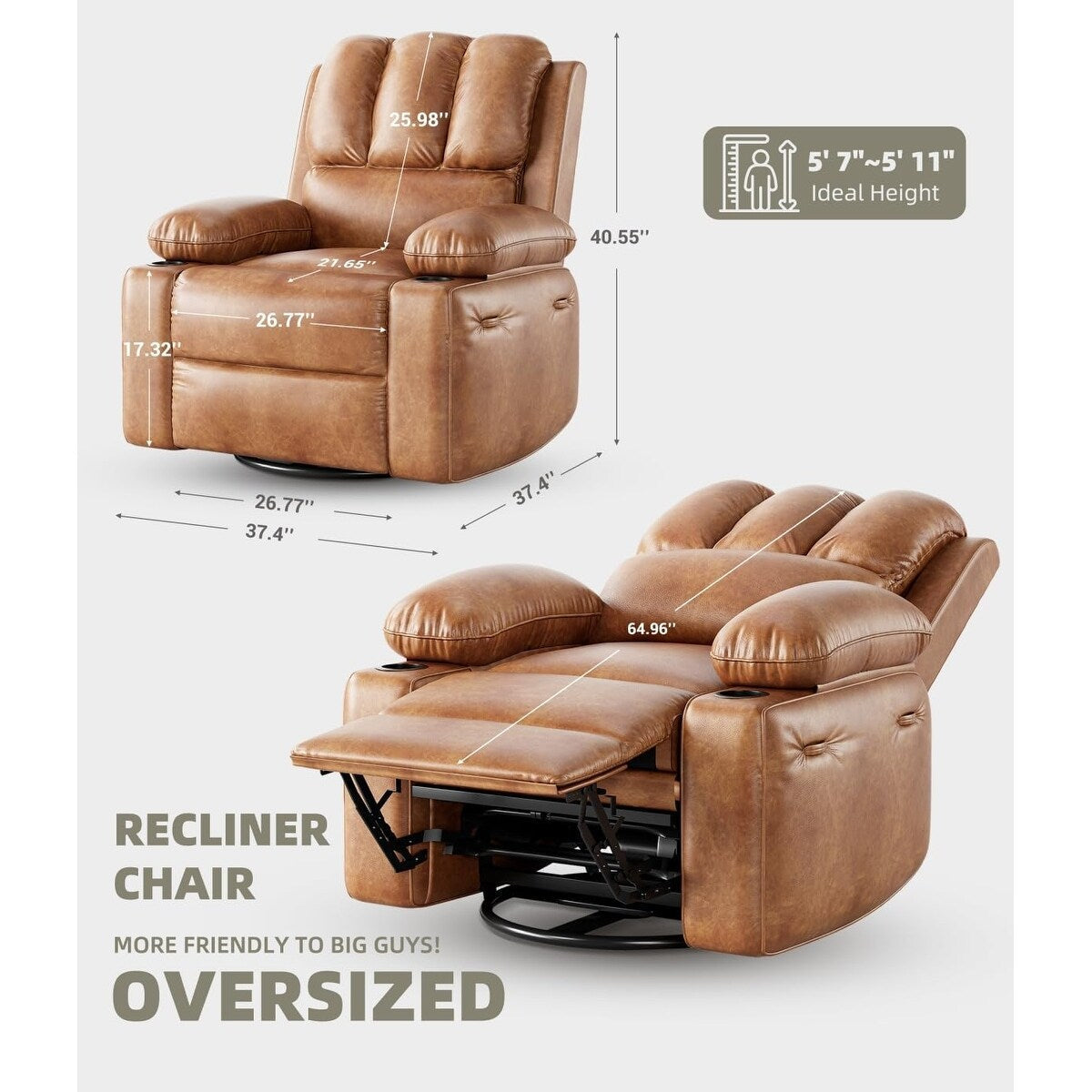 Fauteuils inclinables pivotants à 360° de 68,5 cm (27 pouces) surdimensionnés avec fonction de massage et de chauffe.