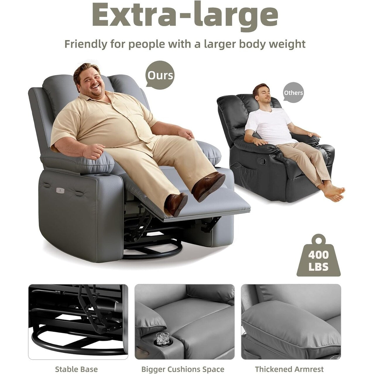 Fauteuils inclinables pivotants à 360° de 68,5 cm (27 pouces) surdimensionnés avec fonction de massage et de chauffe.