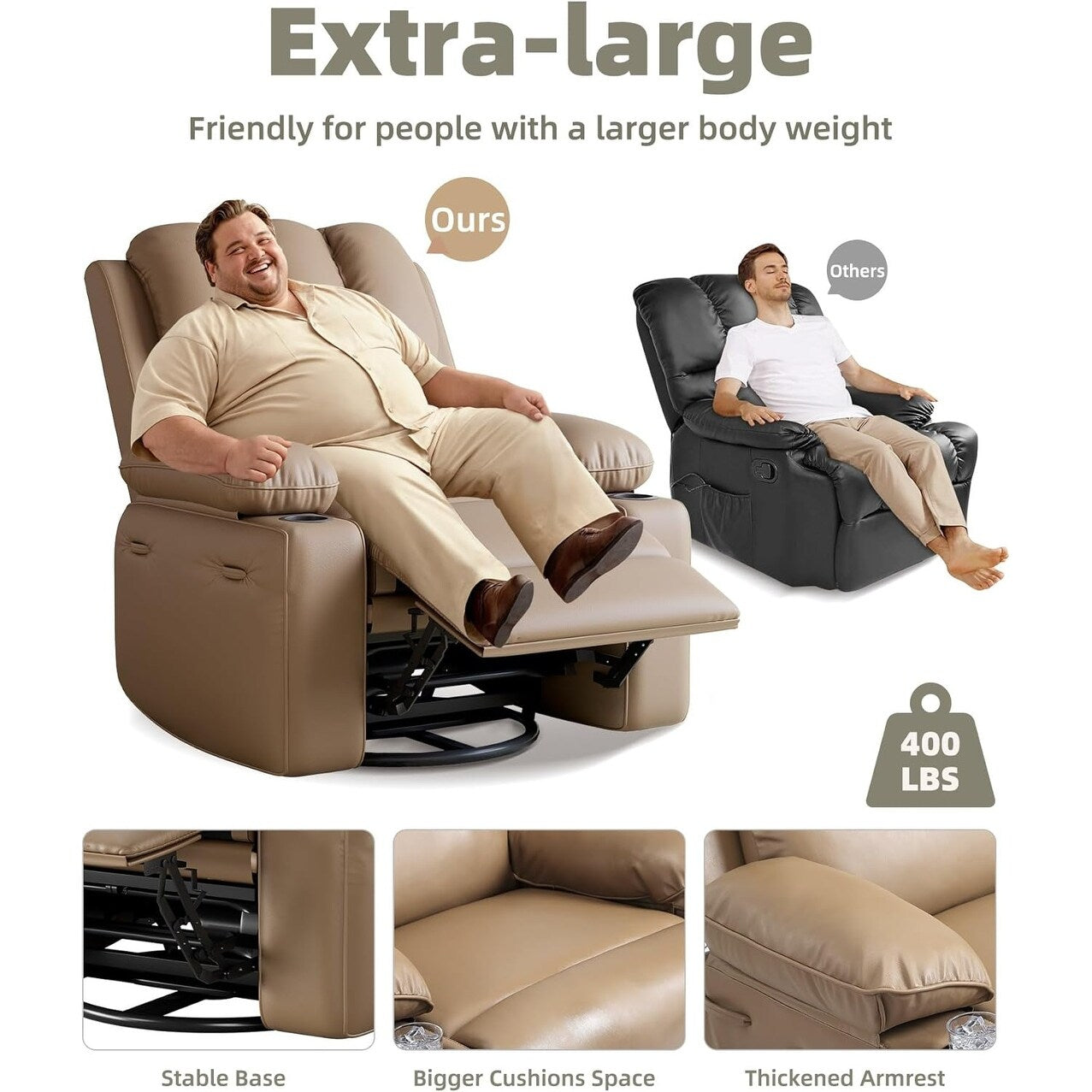 Fauteuils inclinables pivotants à 360° de 68,5 cm (27 pouces) surdimensionnés avec fonction de massage et de chauffe.