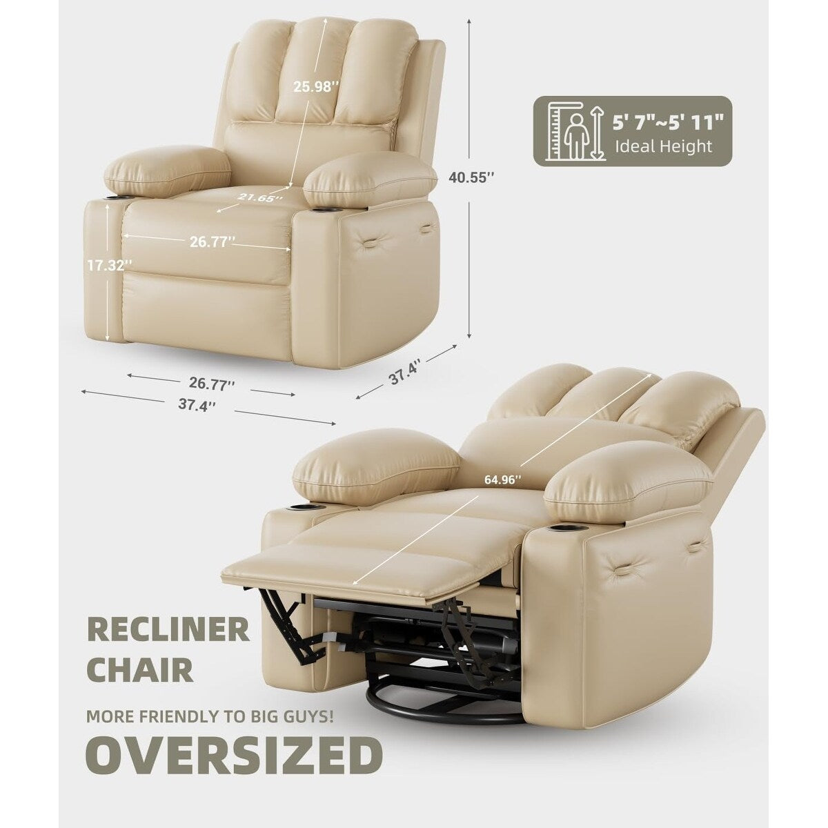 Fauteuils inclinables pivotants à 360° de 68,5 cm (27 pouces) surdimensionnés avec fonction de massage et de chauffe.