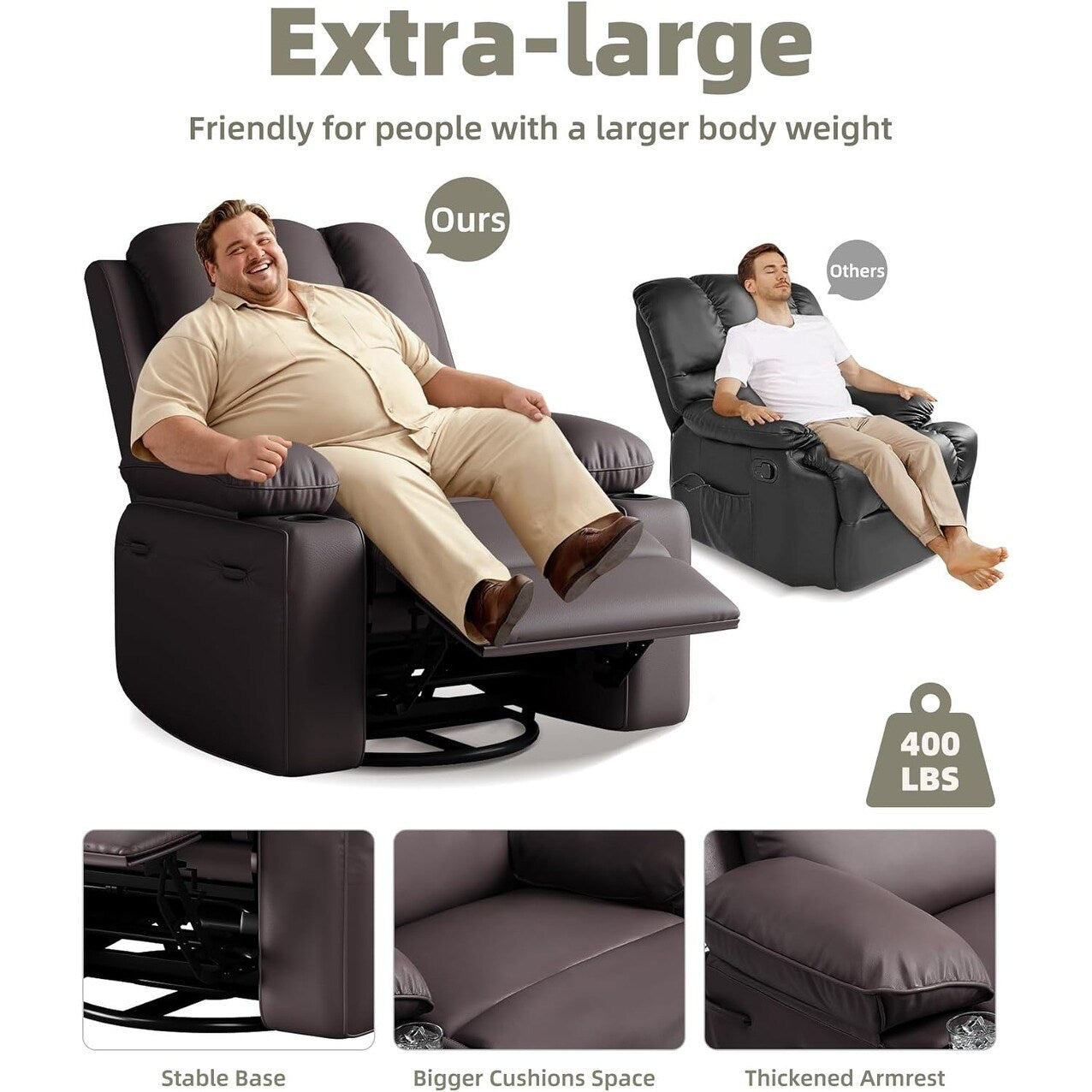 Fauteuils inclinables pivotants à 360° de 68,5 cm (27 pouces) surdimensionnés avec fonction de massage et de chauffe.