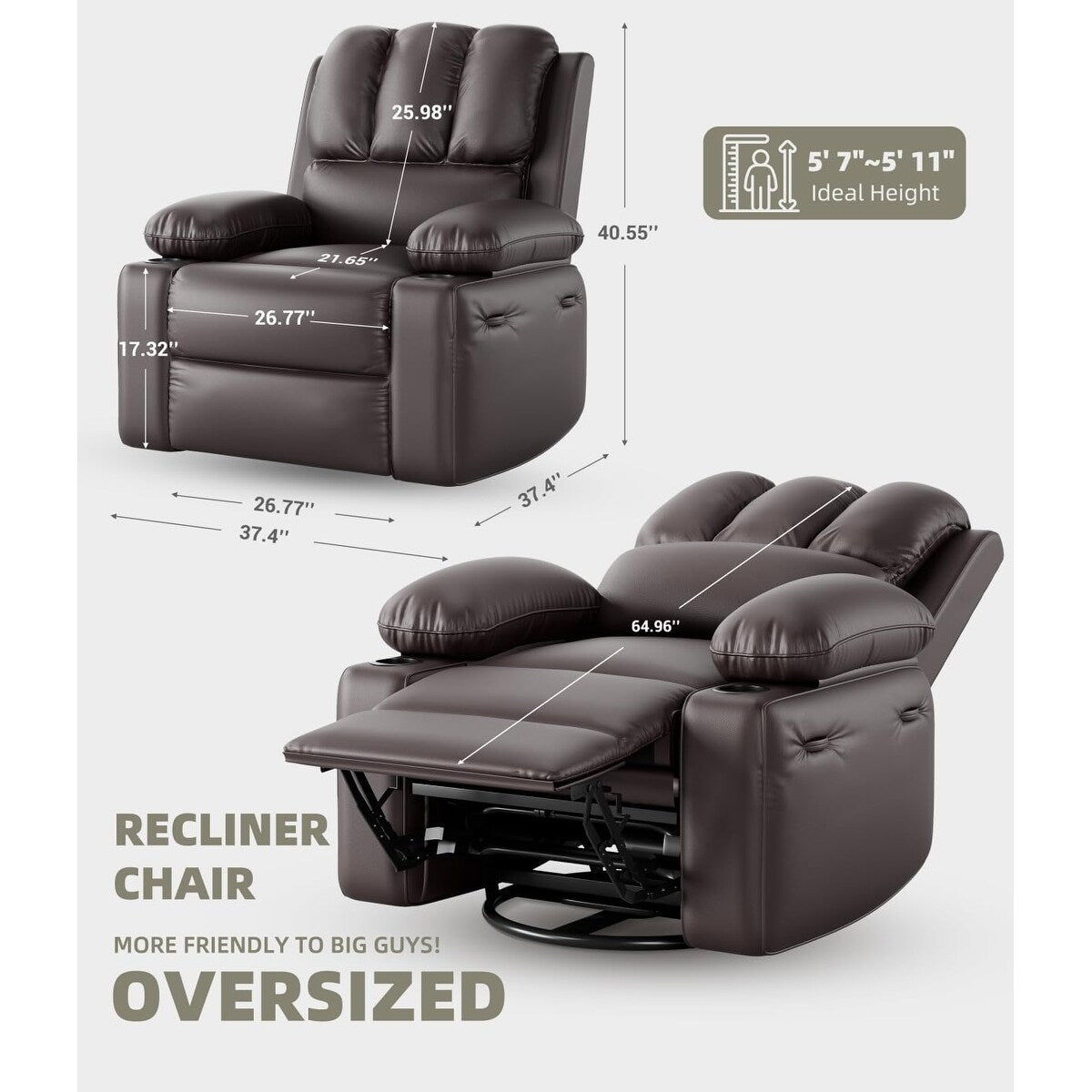 Fauteuils inclinables pivotants à 360° de 68,5 cm (27 pouces) surdimensionnés avec fonction de massage et de chauffe.