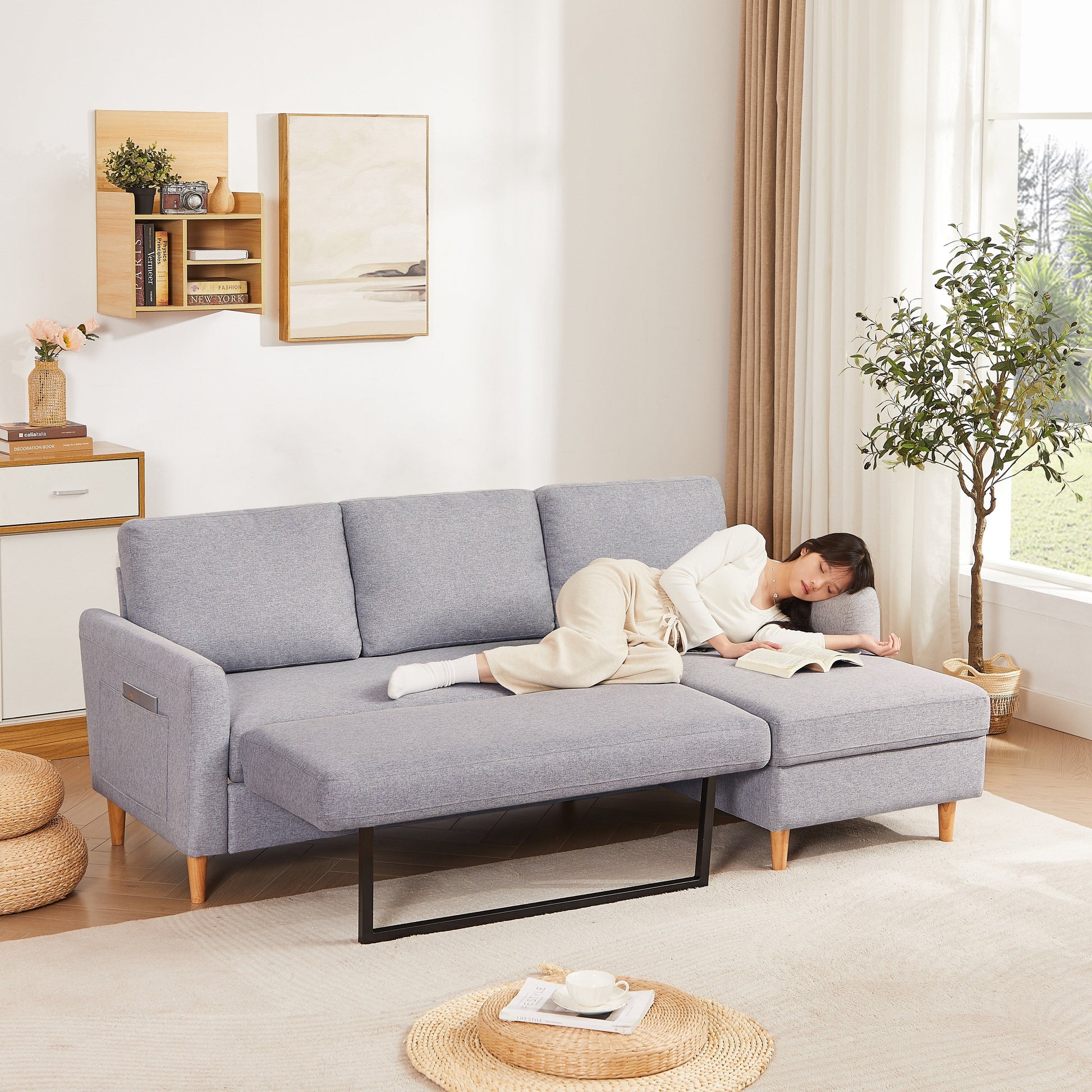 Canapé-lit 3 places en tissu réglable de 72 cm avec chaise longue, lit escamotable et poches de rangement dans les accoudoirs.