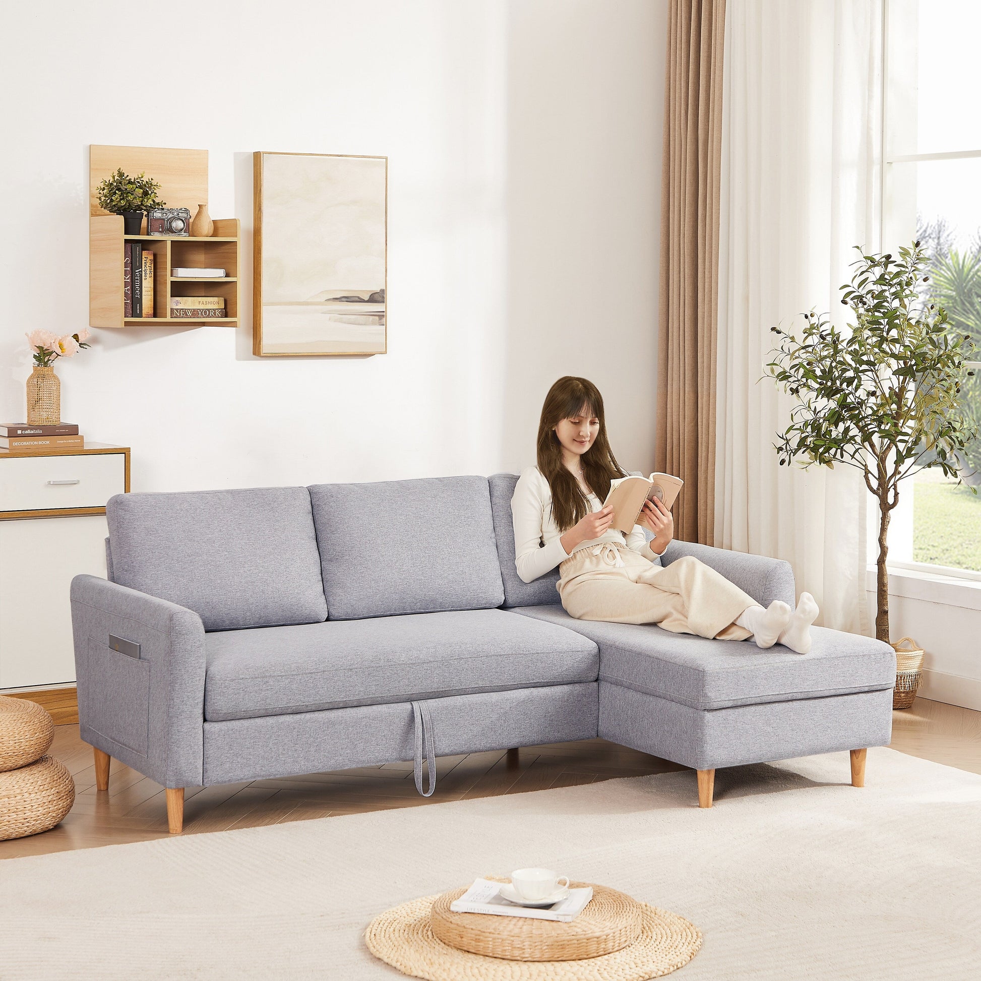 Canapé-lit en forme de L avec chaise longue, lit escamotable et poches de rangement, en tissu réglable, 72 cm (28,35 pouces)