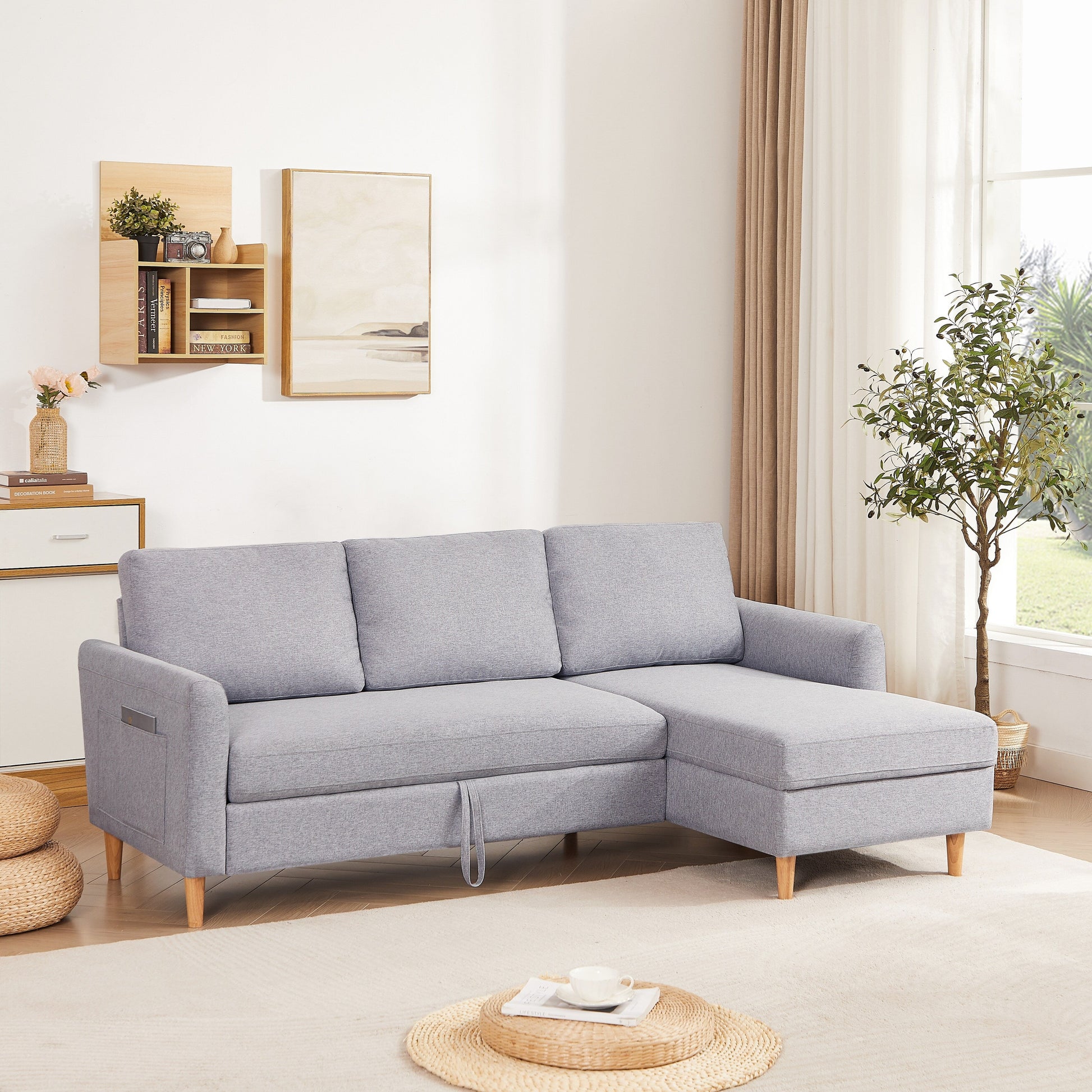 Canapé-lit 3 places en tissu réglable de 72 cm (28,35 pouces), avec méridienne, lit escamotable et poches dans les accoudoirs, idéal pour les petits espaces.