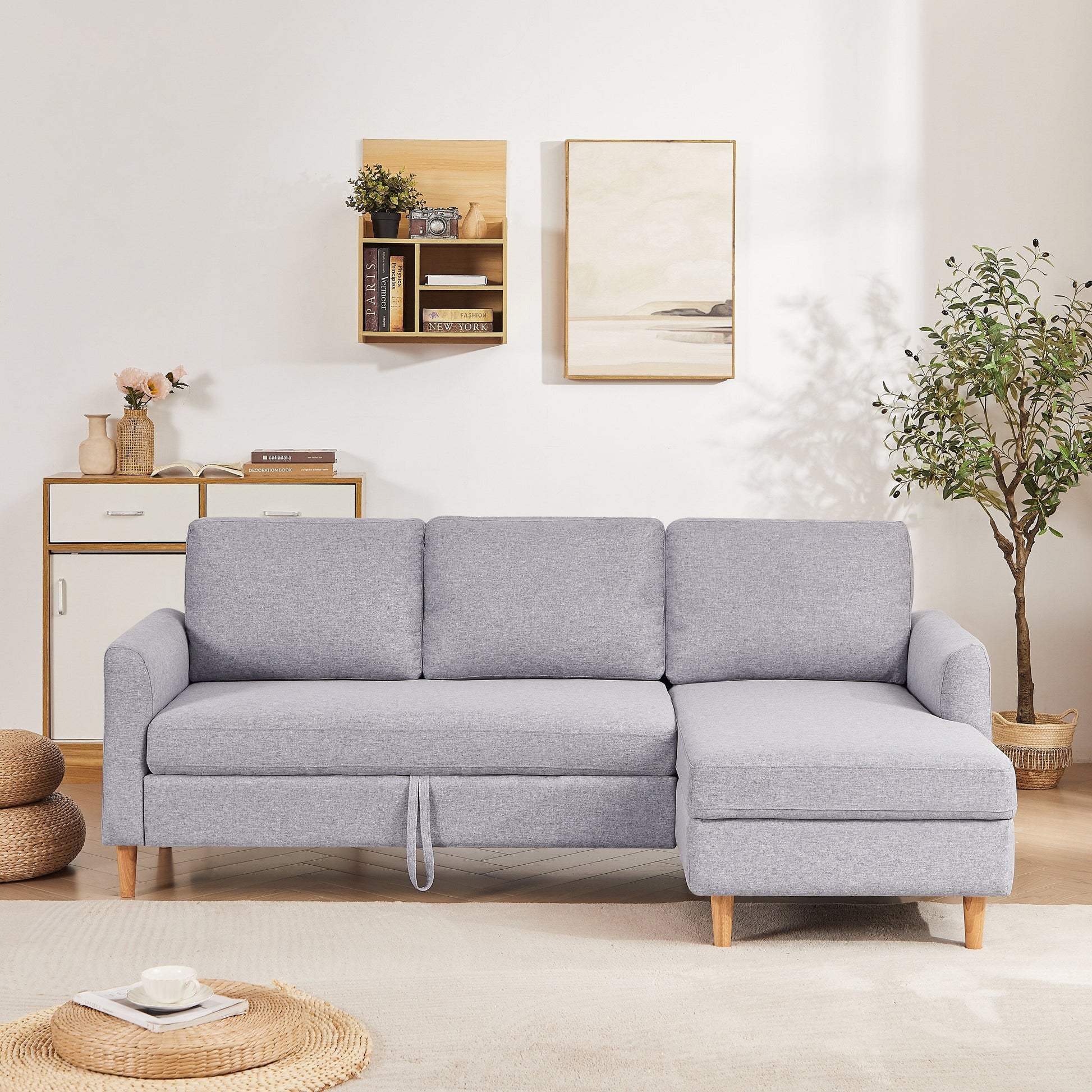 Canapé-lit 3 places en tissu réglable de 72 cm (28,35 pouces), avec méridienne, lit escamotable et poches dans les accoudoirs, idéal pour les petits espaces.